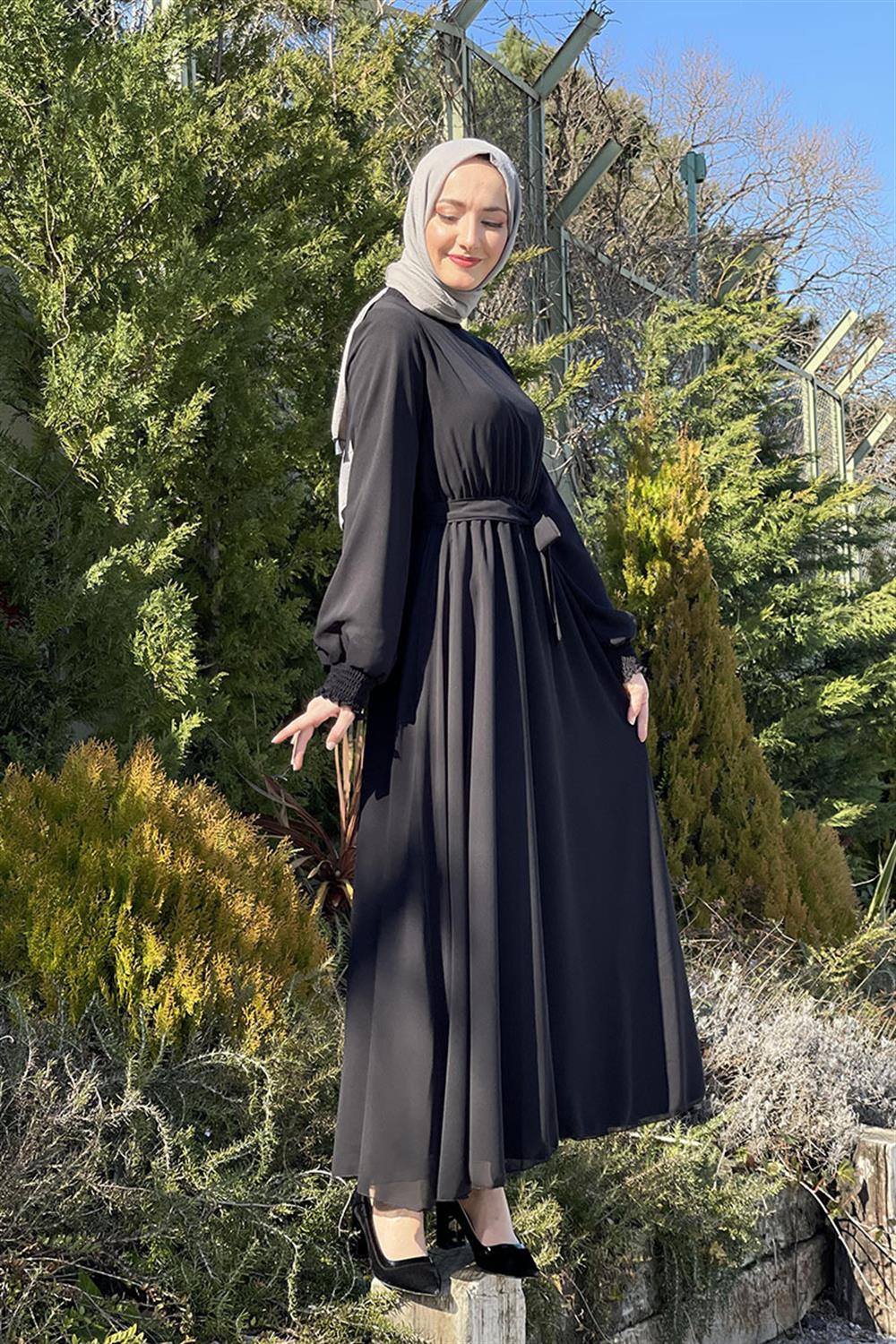 Kemerli Şifon Elbise SİYAH