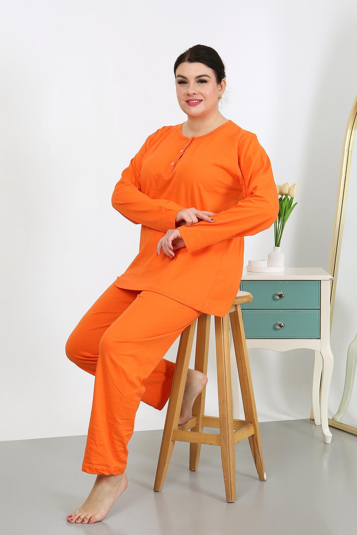 Moda Çizgi Kadın Büyük Beden Uzun Kol Penye Pijama Takımı Turuncu 202501
