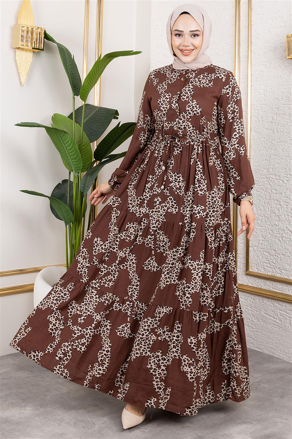 Leopar Desenli Viskon Elbise KAHVERENGİ
