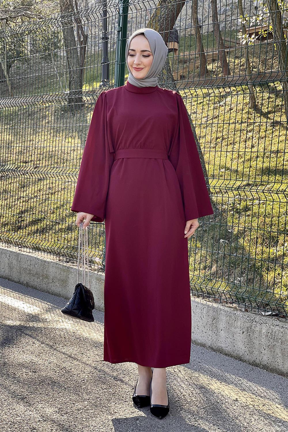Belden Bağlamalı Elbise BORDO
