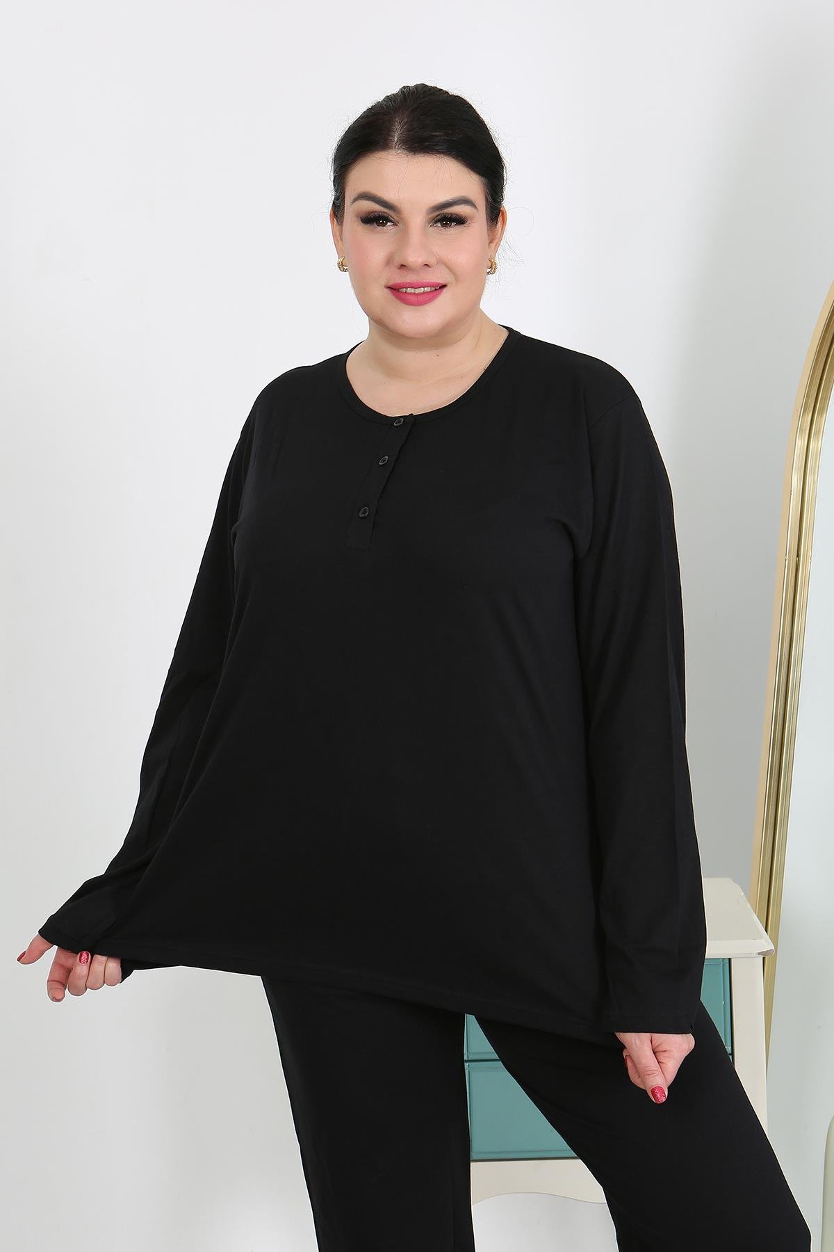 Moda Çizgi Kadın Büyük Beden Uzun Kol Penye Pijama Takımı Siyah 202501