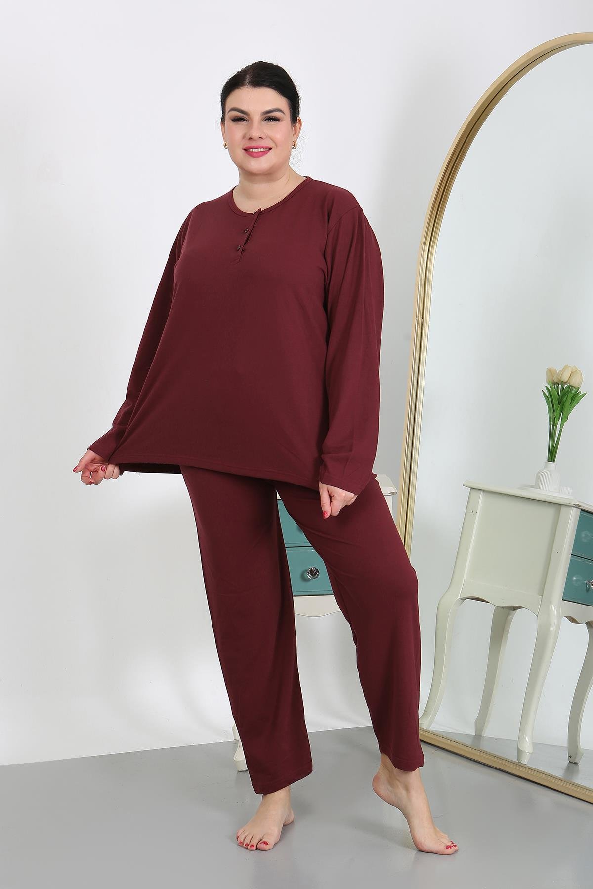 Moda Çizgi Kadın Büyük Beden Uzun Kol Penye Pijama Takımı Bordo 202501