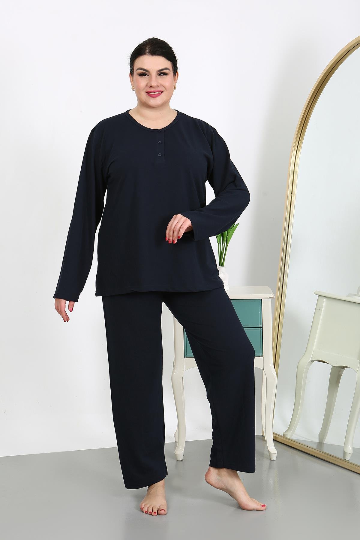 Moda Çizgi Kadın Büyük Beden Uzun Kol Penye Pijama Takımı Lacivert 202501