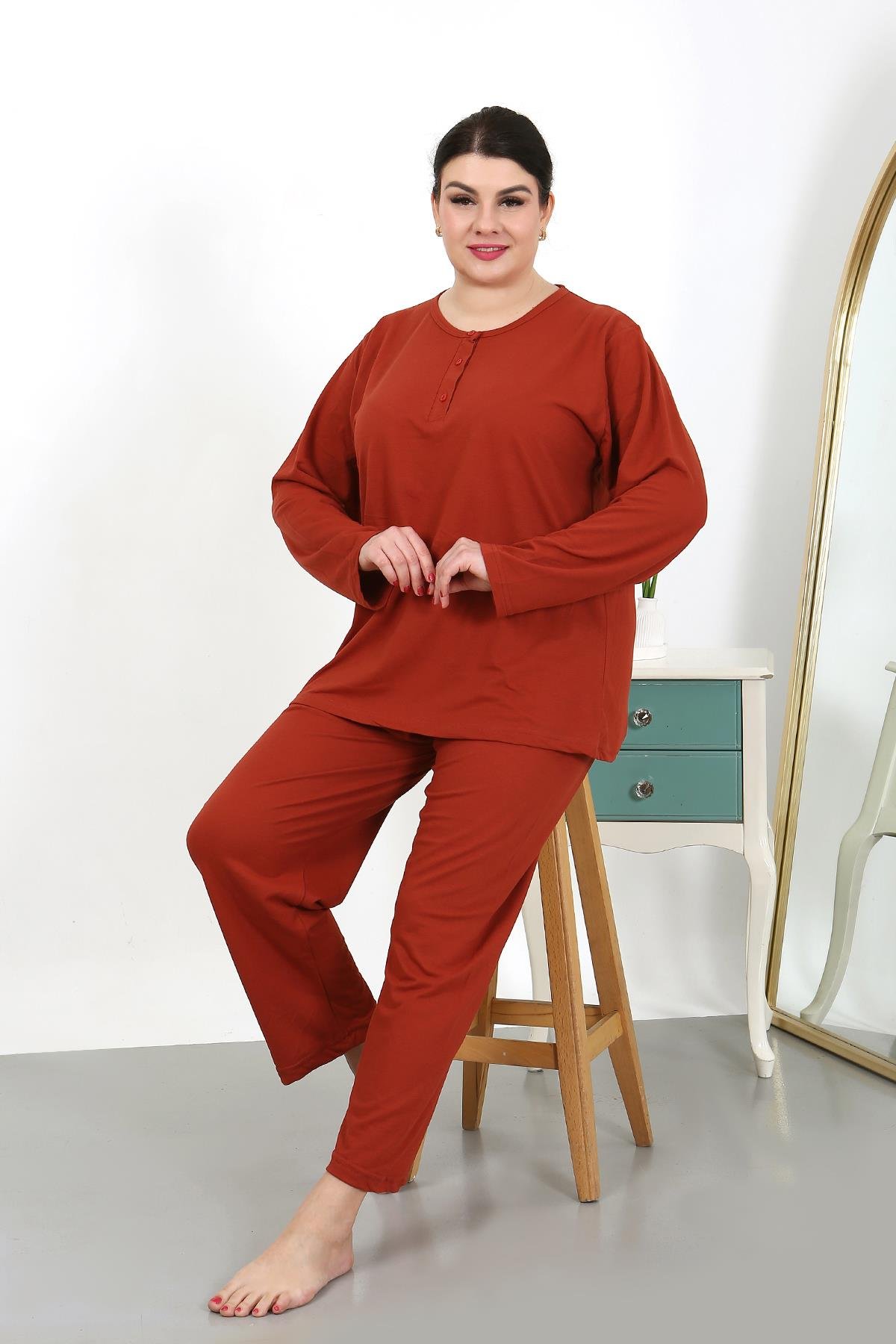 Moda Çizgi Kadın Büyük Beden Uzun Kol Penye Pijama Takımı Kiremit 202501