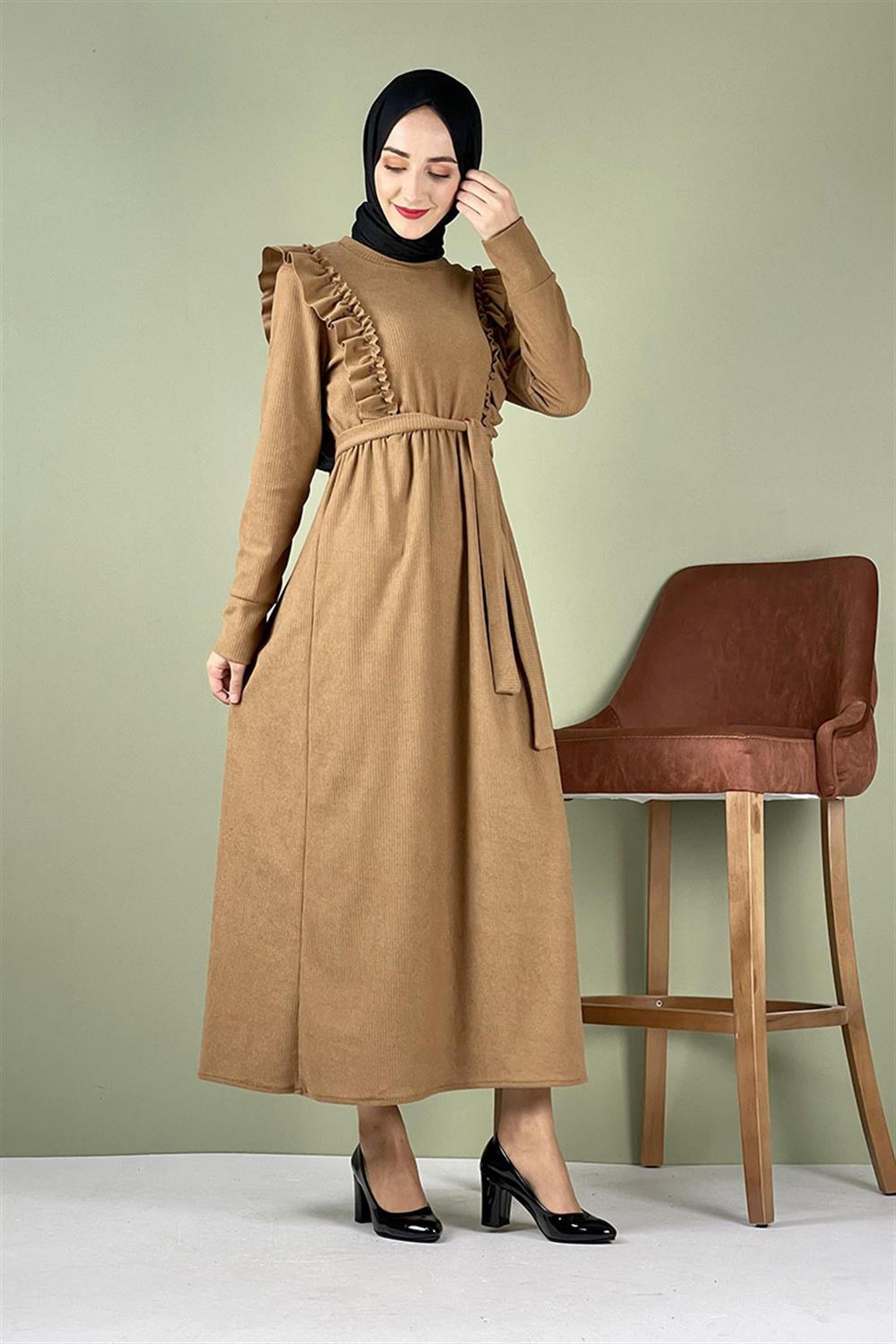 Kadife Fırfırlı Elbise CAMEL