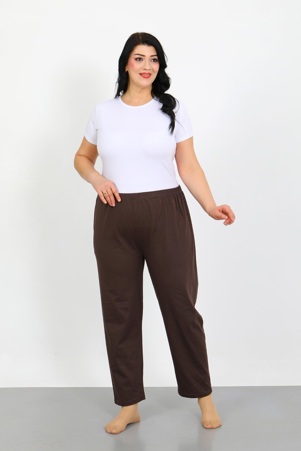 Moda Çizgi Kadın Büyük Beden Kahve Tek Alt Pijama 27555