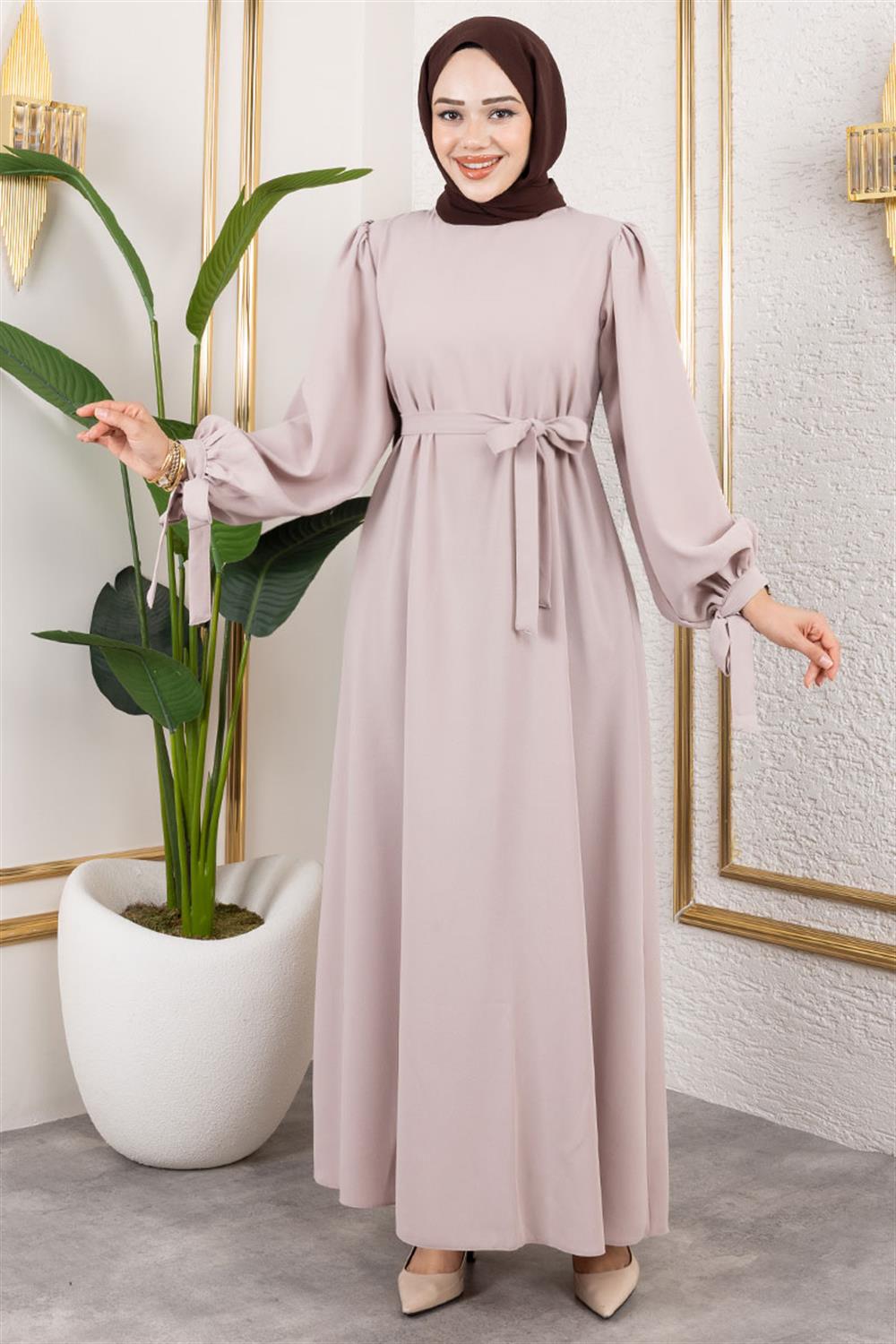 Kolları Bağlamalı Tesettür Elbise BEJ