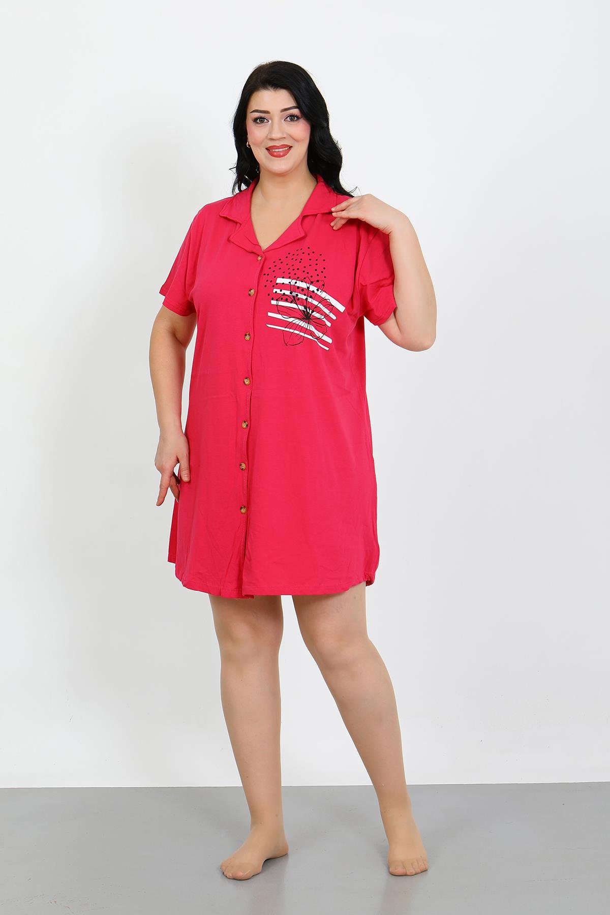 Moda Çizgi Büyük Beden Penye Düğmeli Fuşya Tunik Gecelik 1025
