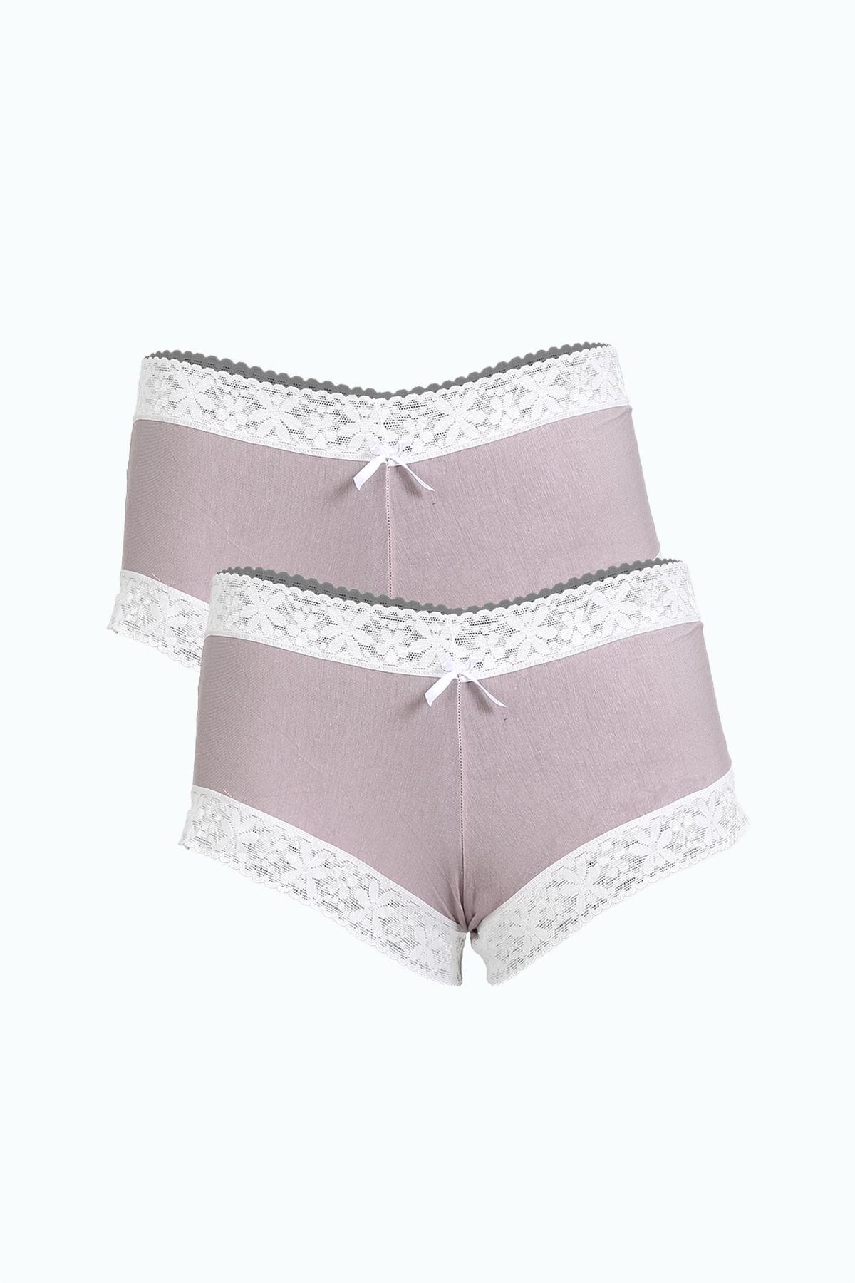 Moda Çizgi Kadın Pamuklu 2li Boxer Sütlü Kahve 40278