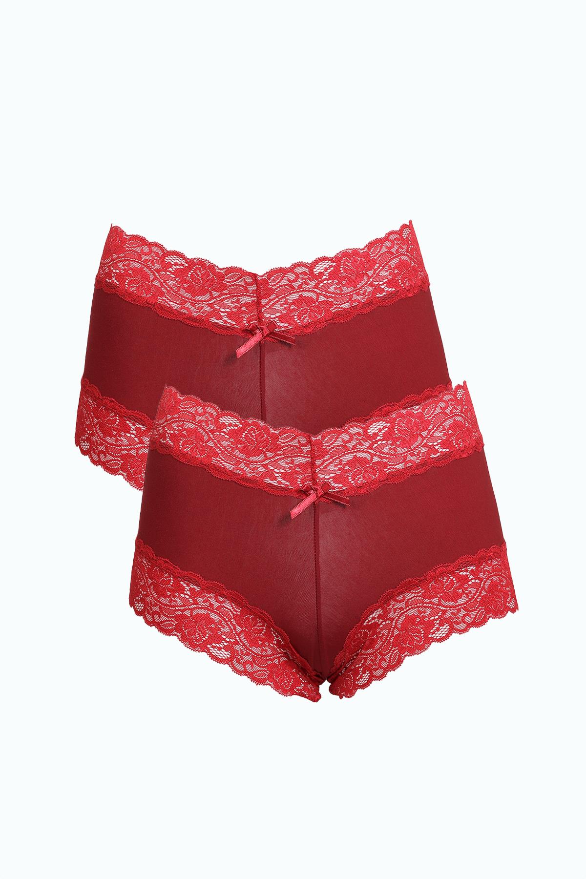 Moda Çizgi Kadın Pamuklu 2li Boxer Bordo 40277