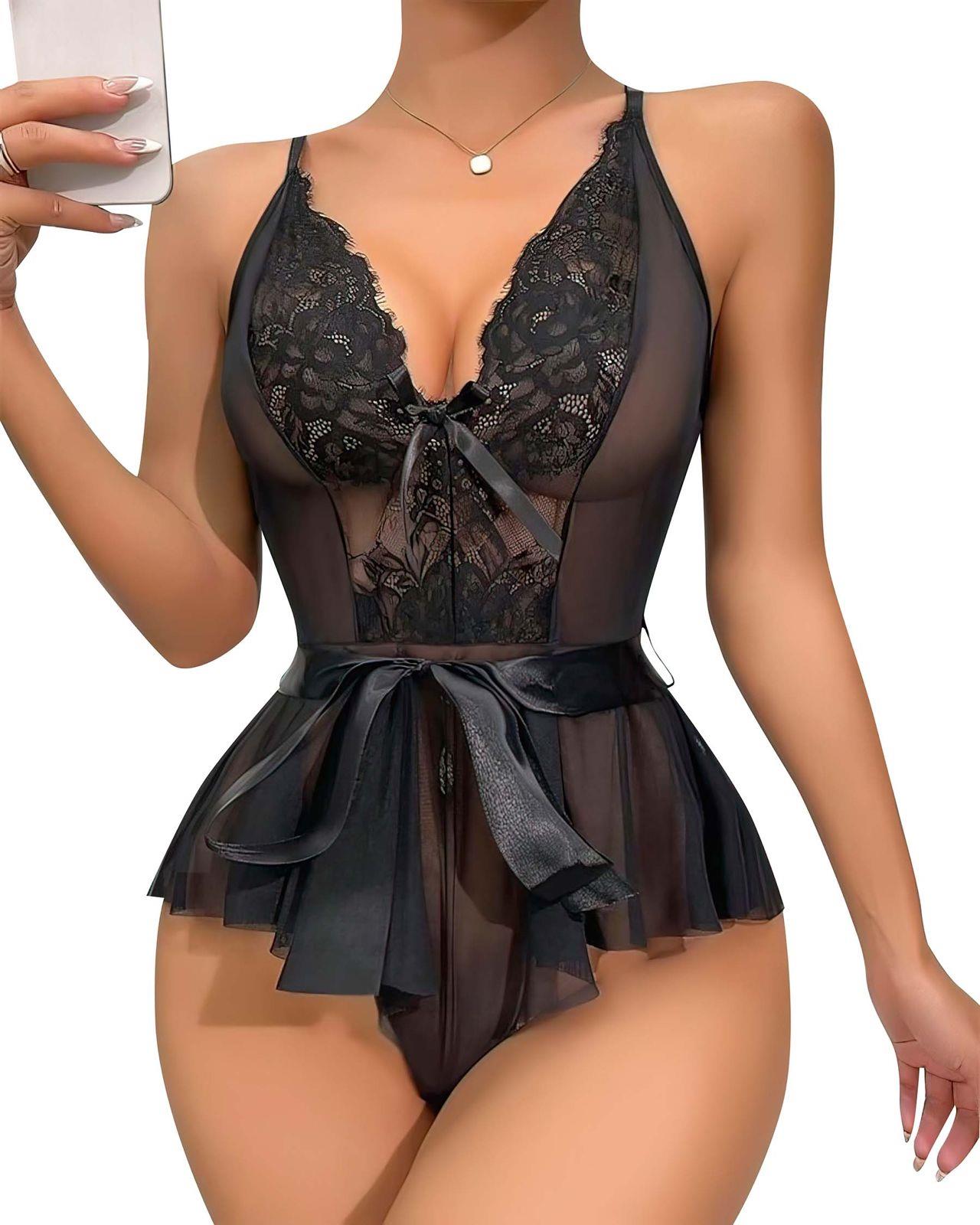 Moda Çizgi Kadın Fantezi Babydoll Dantel Gecelik T001 Siyah