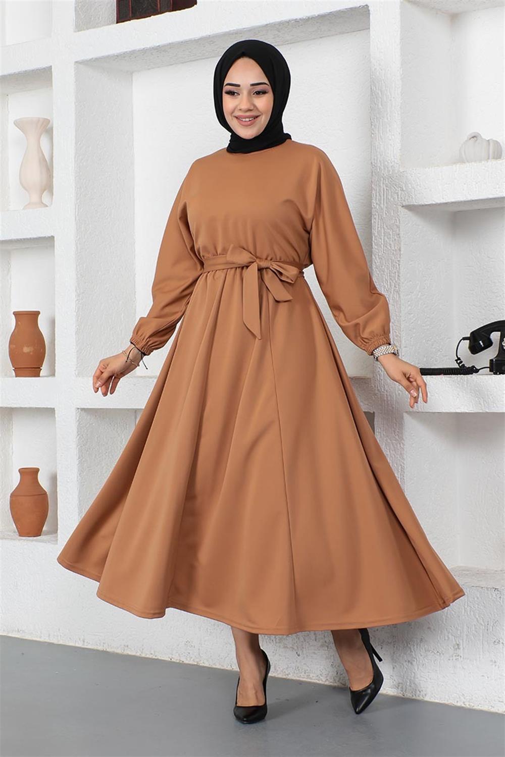 Beli Büzgülü Kemerli Elbise TABA