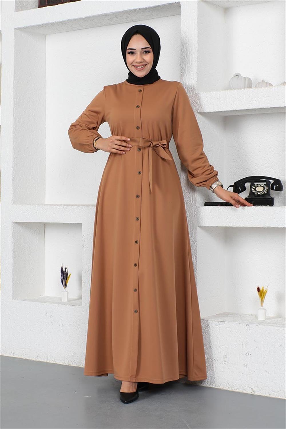 Düğme Detaylı Kemerli Elbise TABA