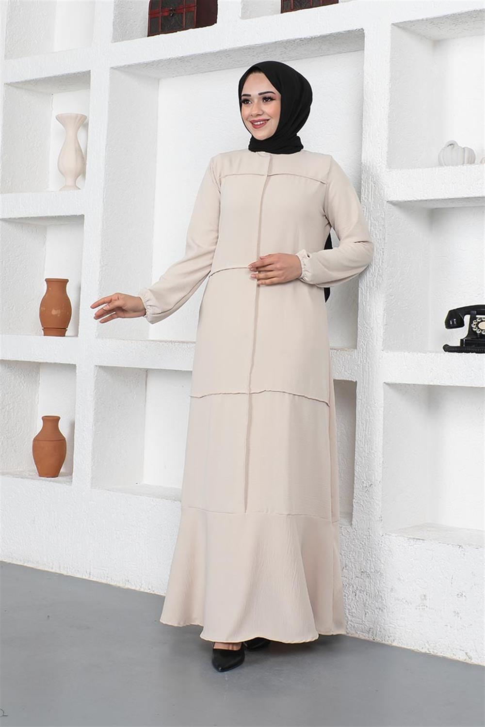 Dikiş Detaylı Model Elbise BEJ