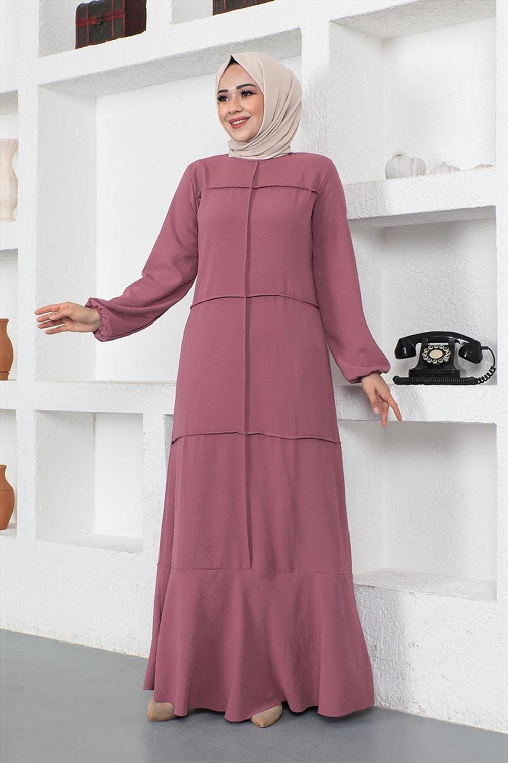 Dikiş Detaylı Model Elbise GÜL KURUSU