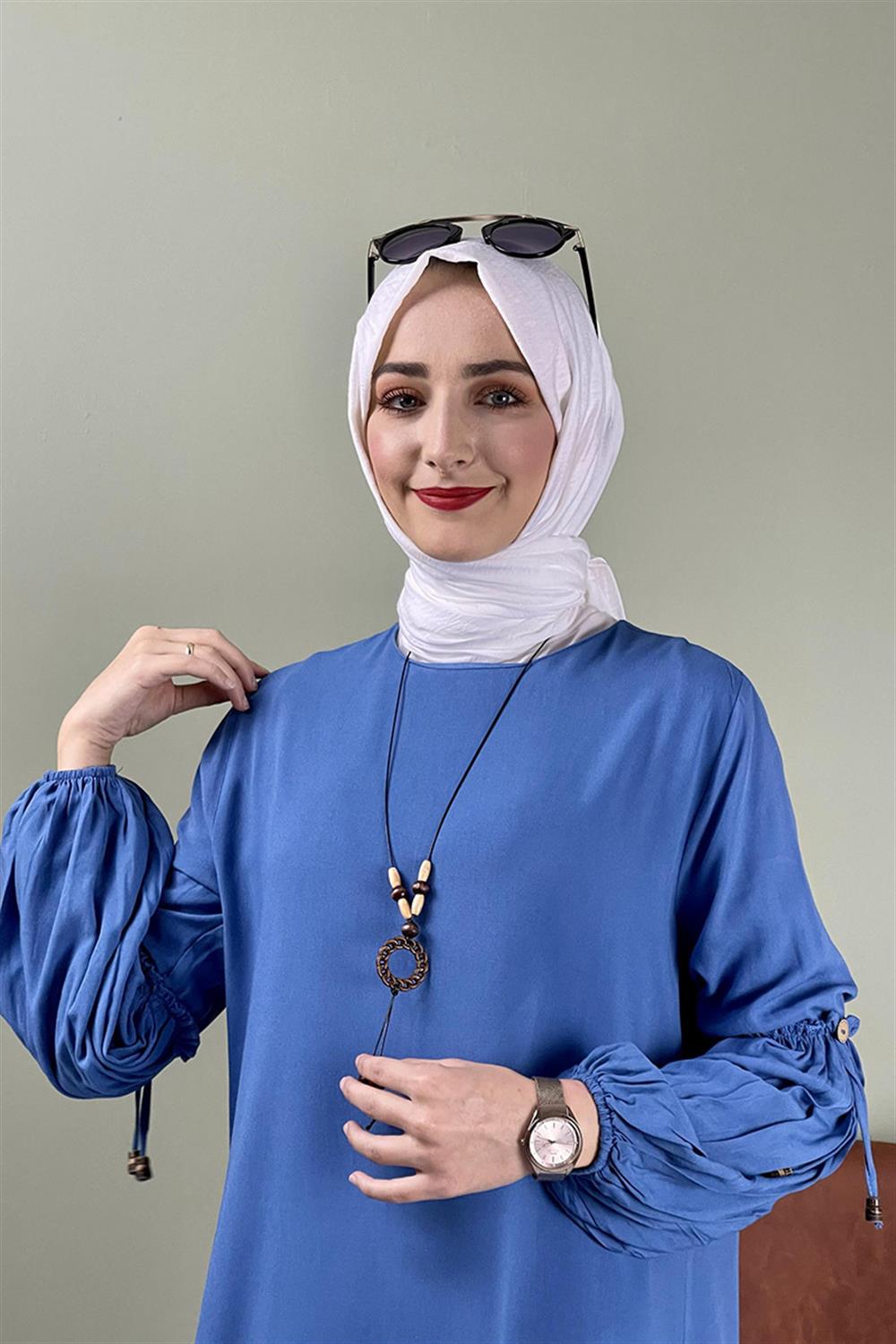 Balon Kol Kolye Detaylı Tesettür İNDİGO