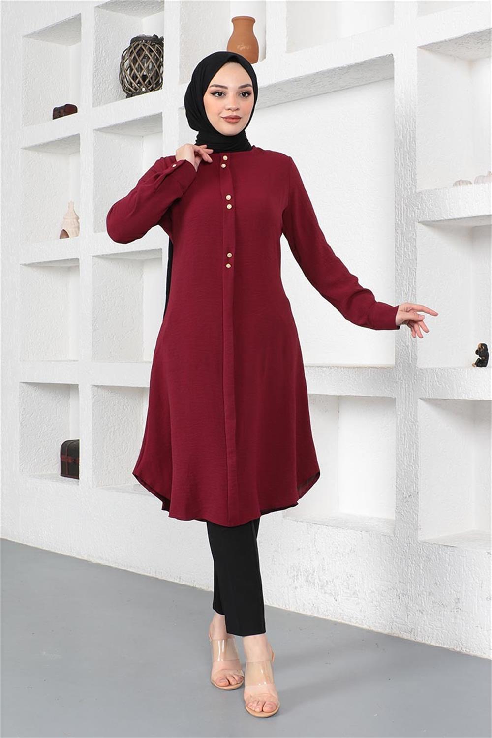 Düğme Detaylı Tunik VİŞNE