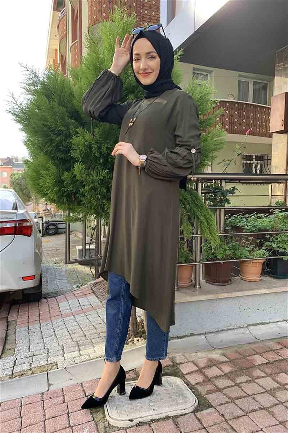 Balon Kol Kolye Detaylı Tesettür HAKİ