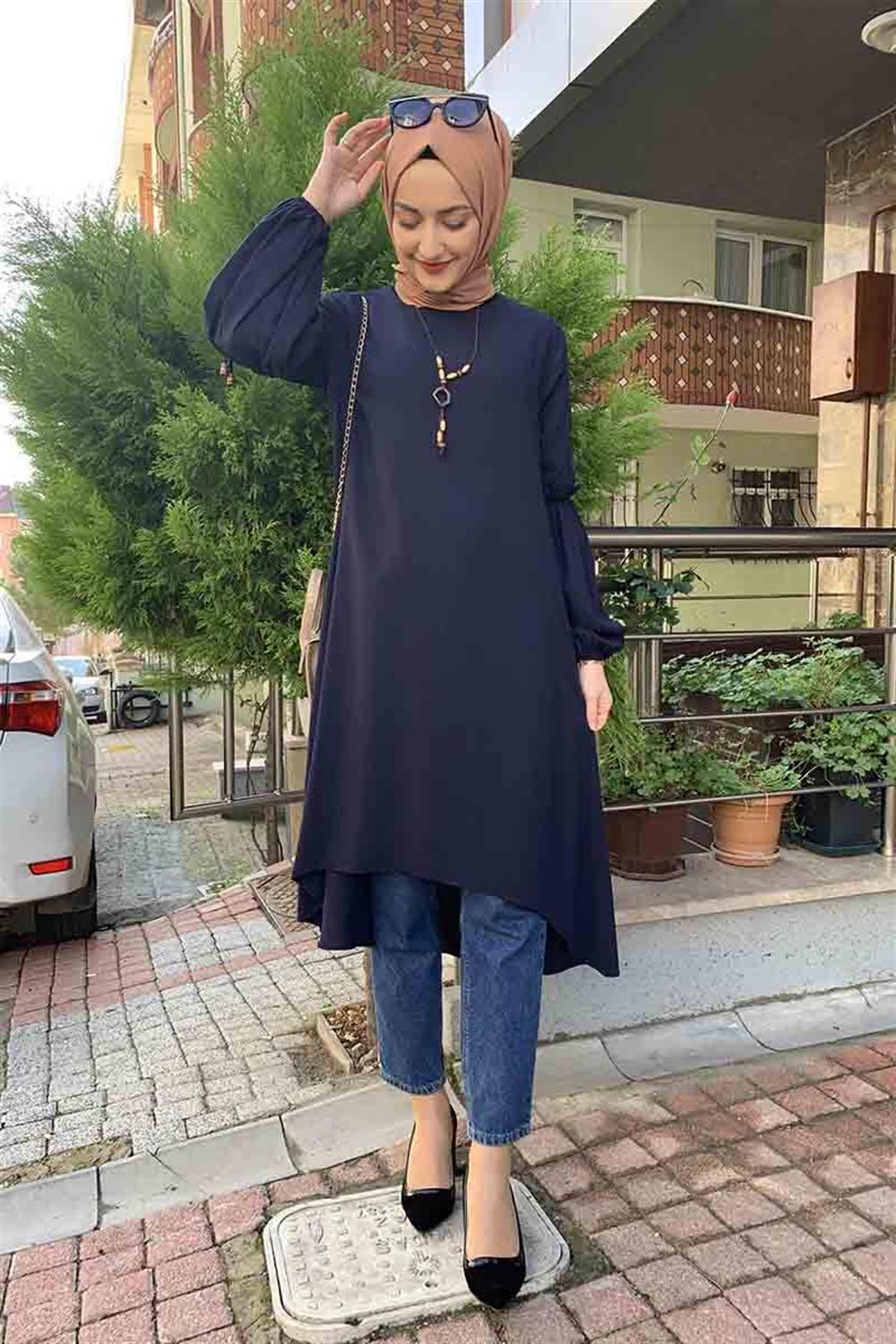 Balon Kol Kolye Detaylı Tesettür LACİVERT