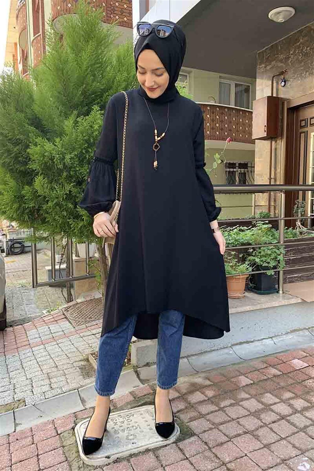 Balon Kol Kolye Detaylı Tesettür SİYAH