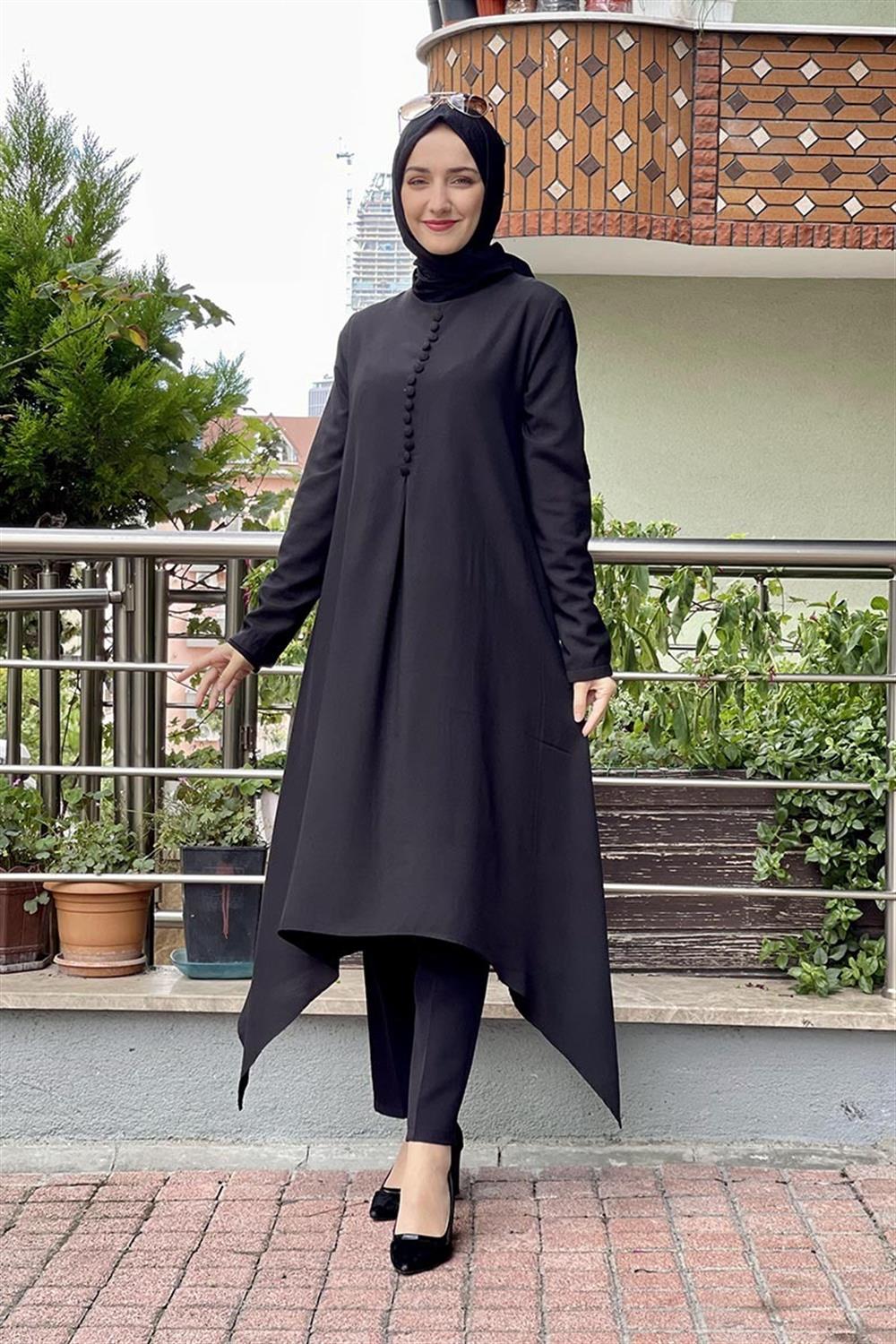 Aksesuar Düğmeli Tesettür Tunik SİYAH