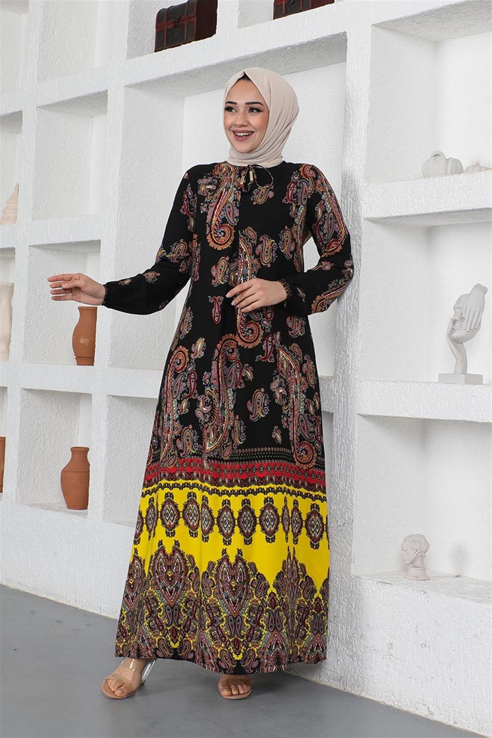 Etnik Desenli Model Tesettür Elbise SİYAH