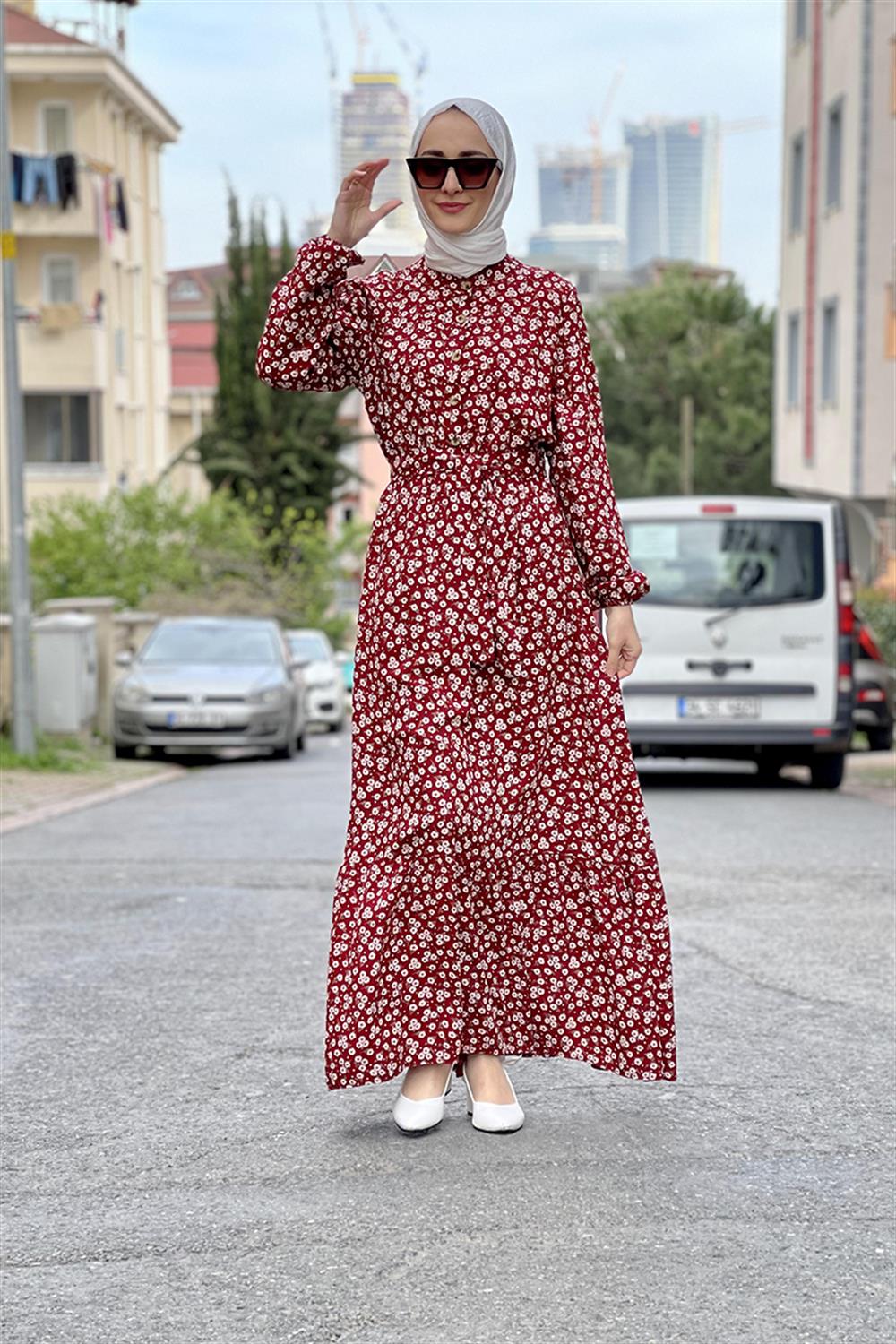 Kemerli Desenli Tesettür Elbise BORDO