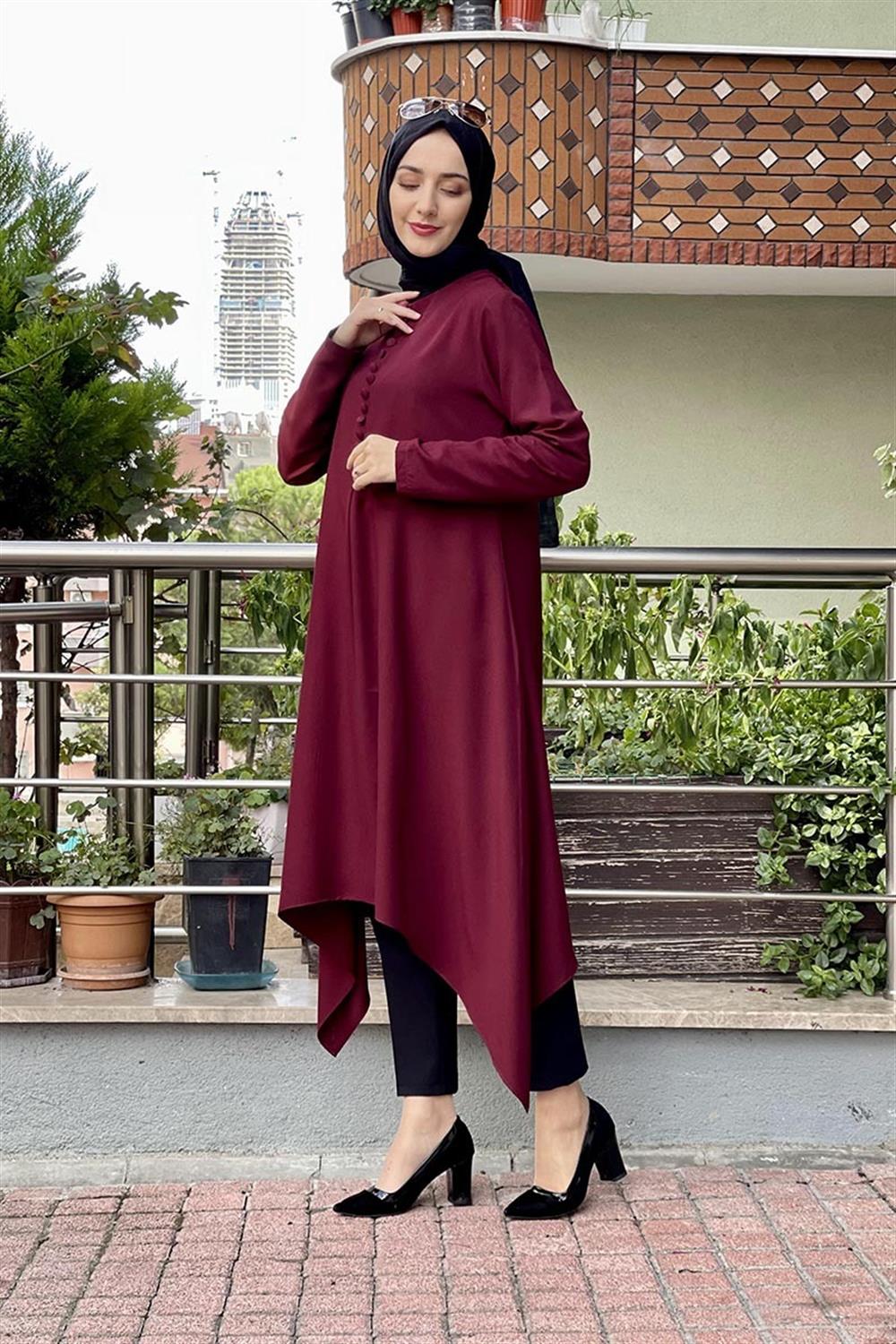 Aksesuar Düğmeli Tesettür Tunik BORDO