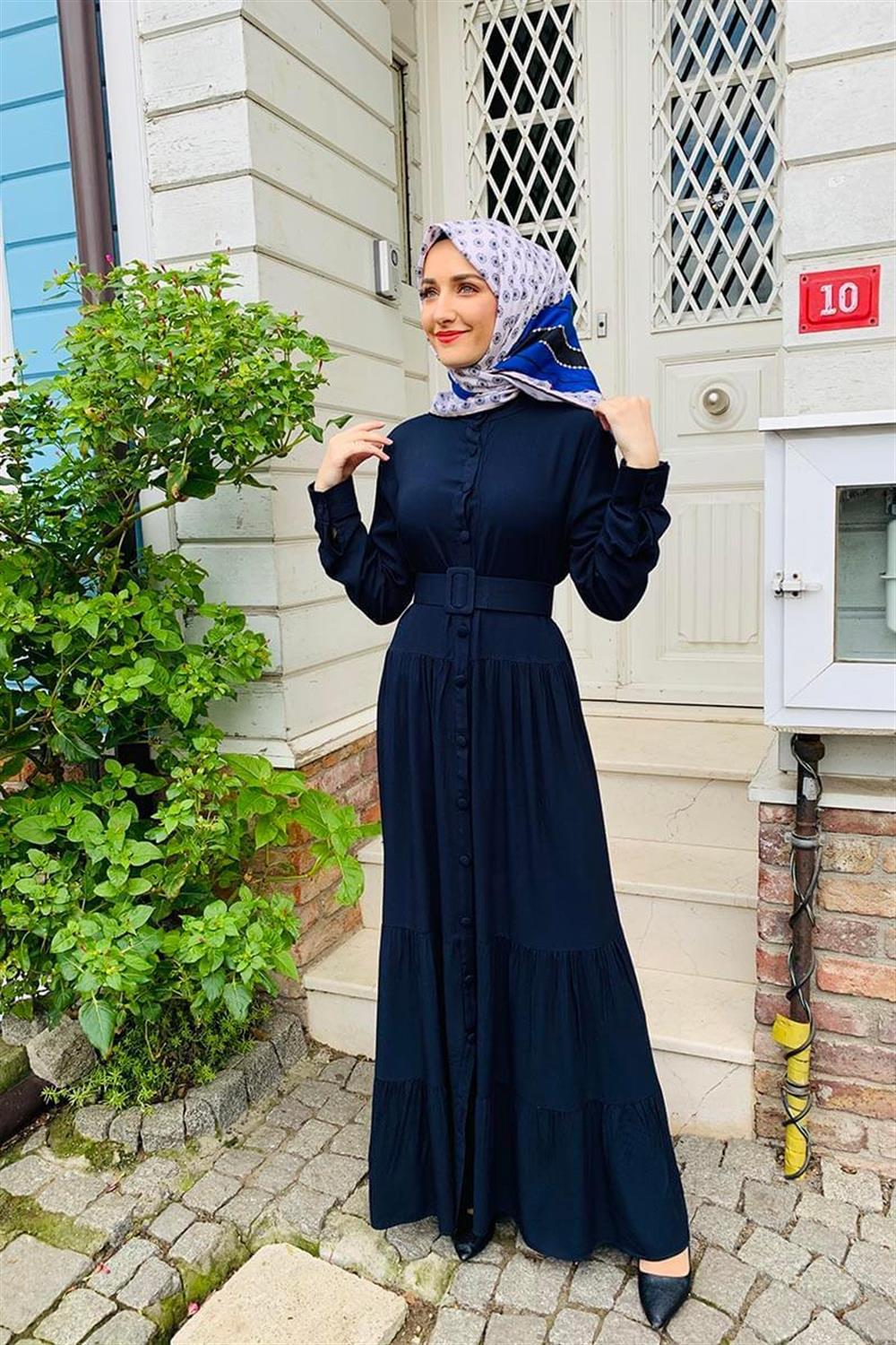Düğmeli Tesettür Elbise LACİVERT