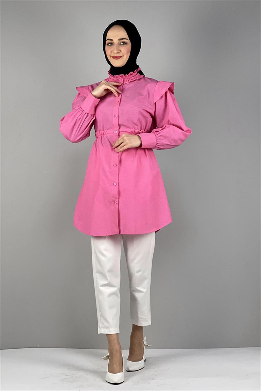 Bel Ve Yaka Detaylı Tunik PEMBE