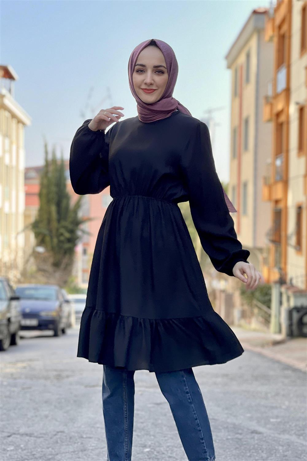 Eteği Büzgülü Tunik SİYAH