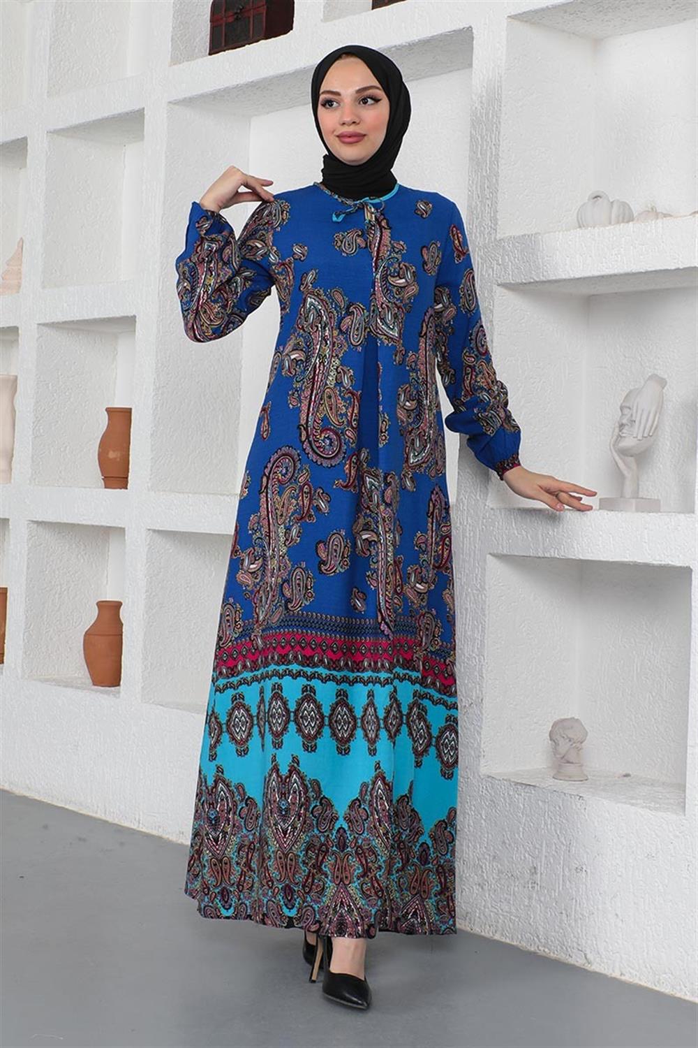 Etnik Desenli Model Tesettür Elbise MAVİ