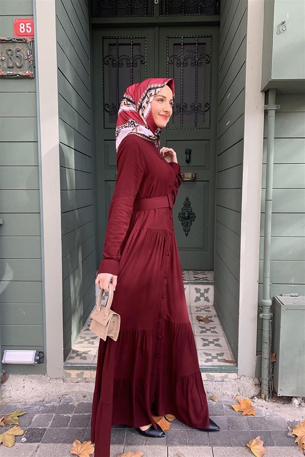 Düğmeli Tesettür Elbise VİŞNE