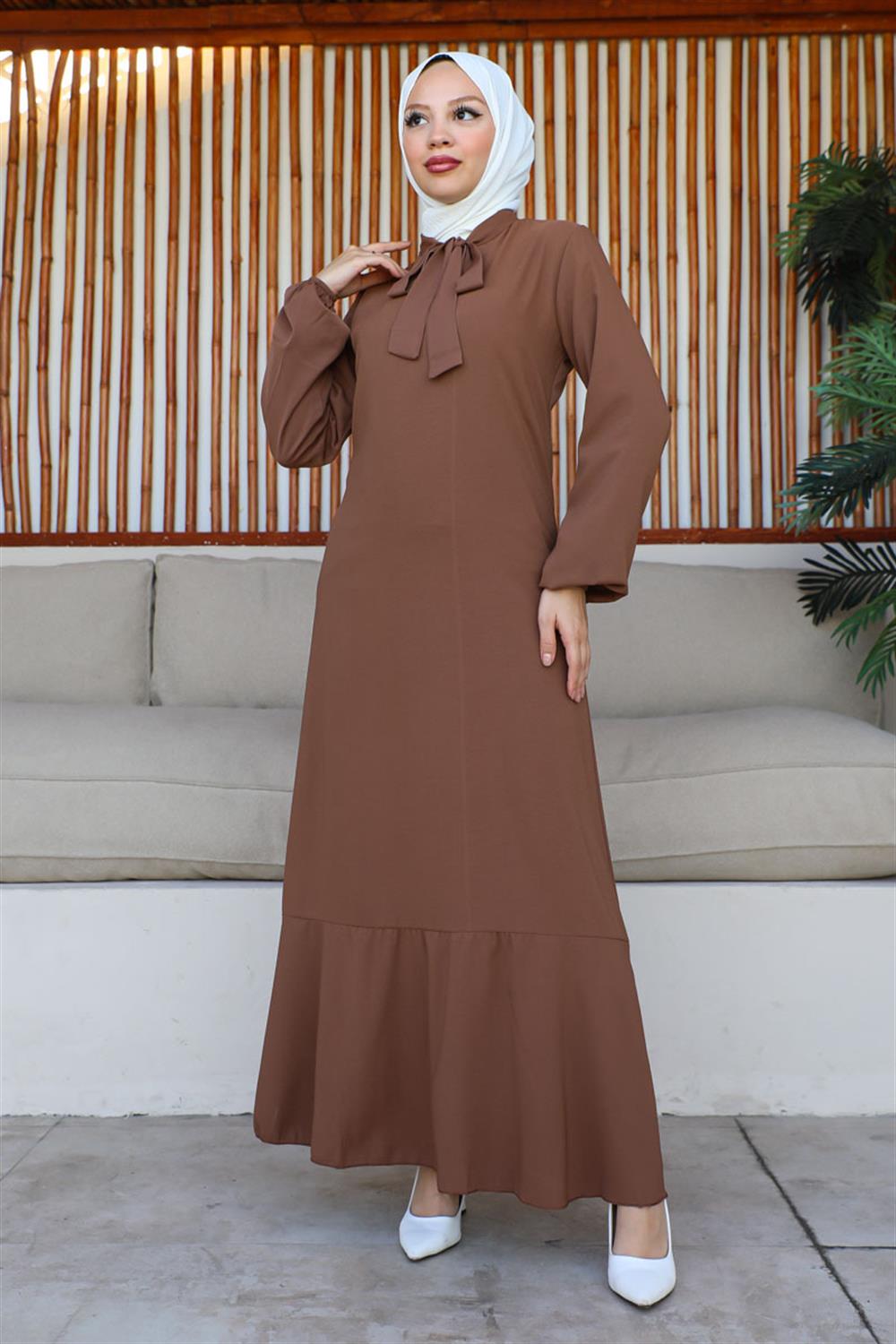 Tesettür Model Elbise KAHVERENGİ