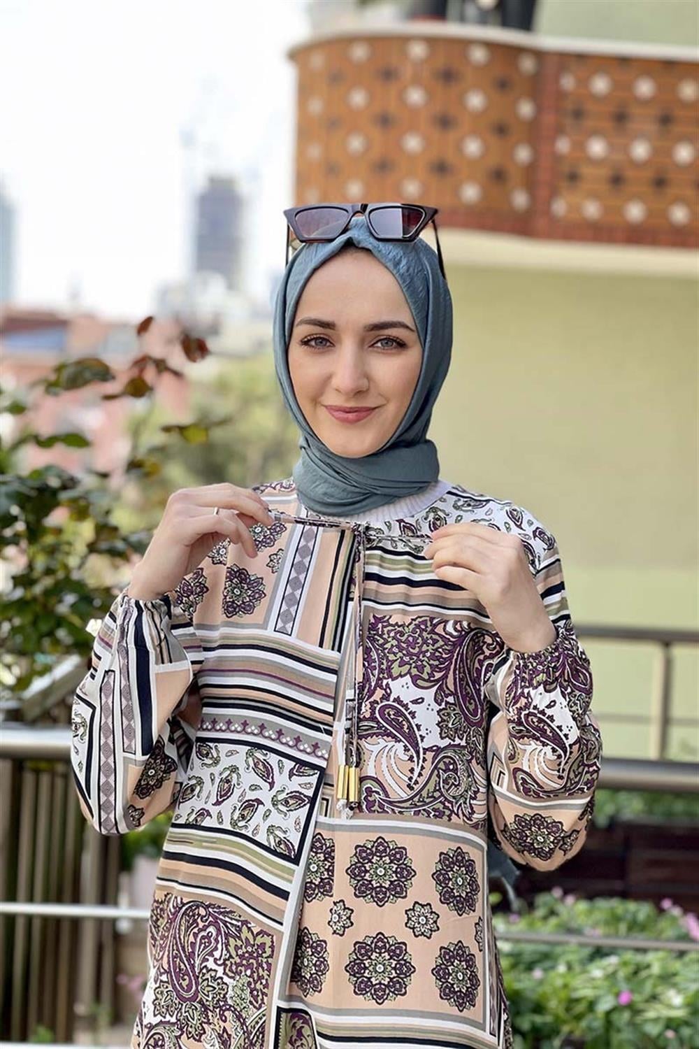 A Pileli Desenli Elbise VİZON