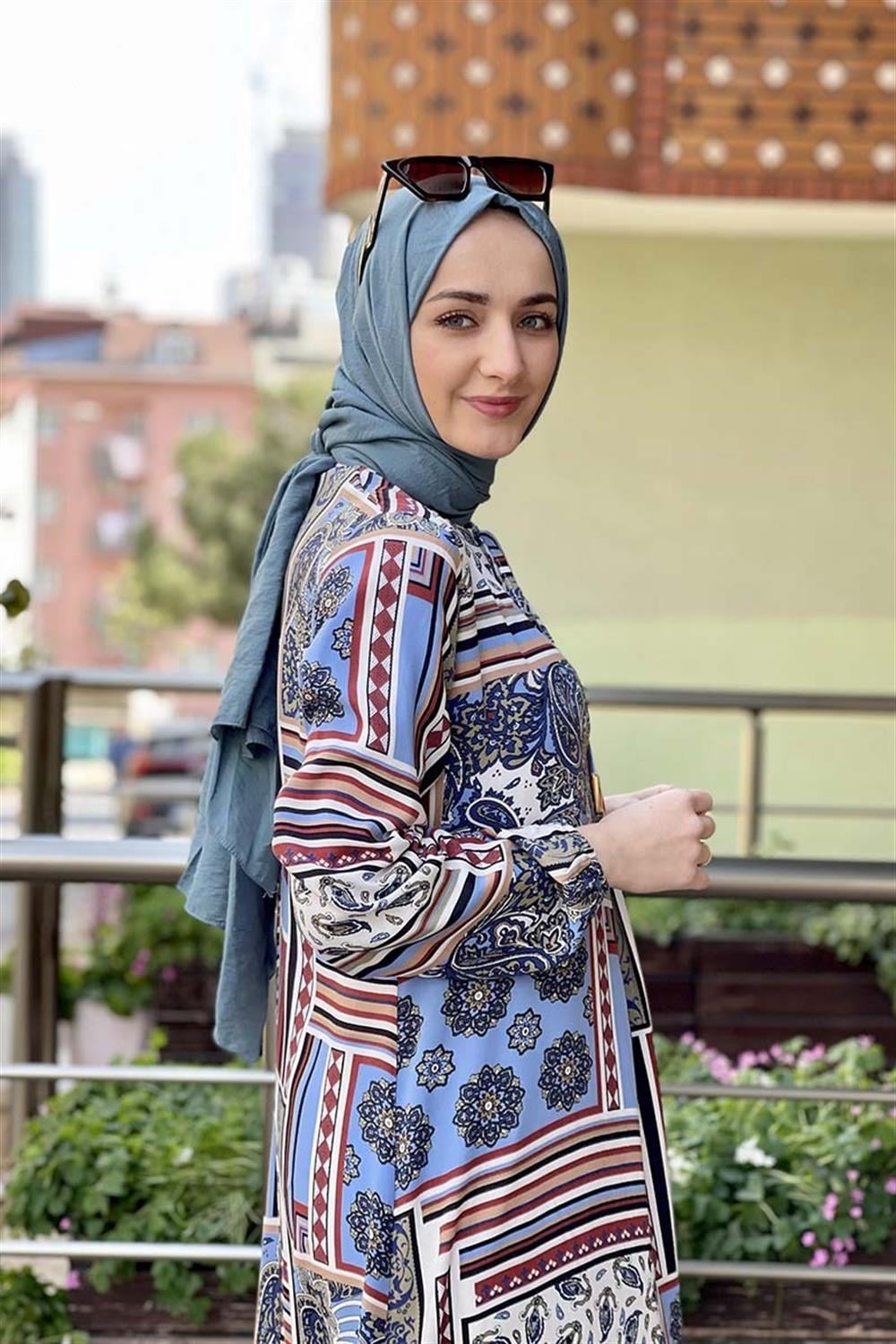 A Pileli Desenli Elbise KİREMİT