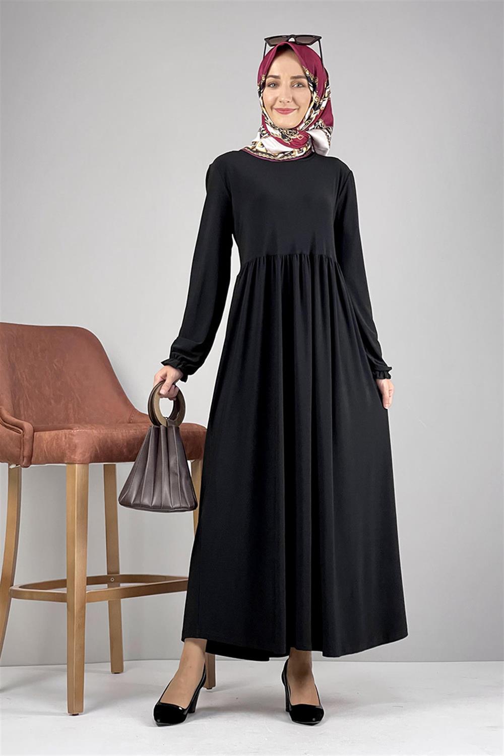 Belden Pileli Tesettür Elbise SİYAH