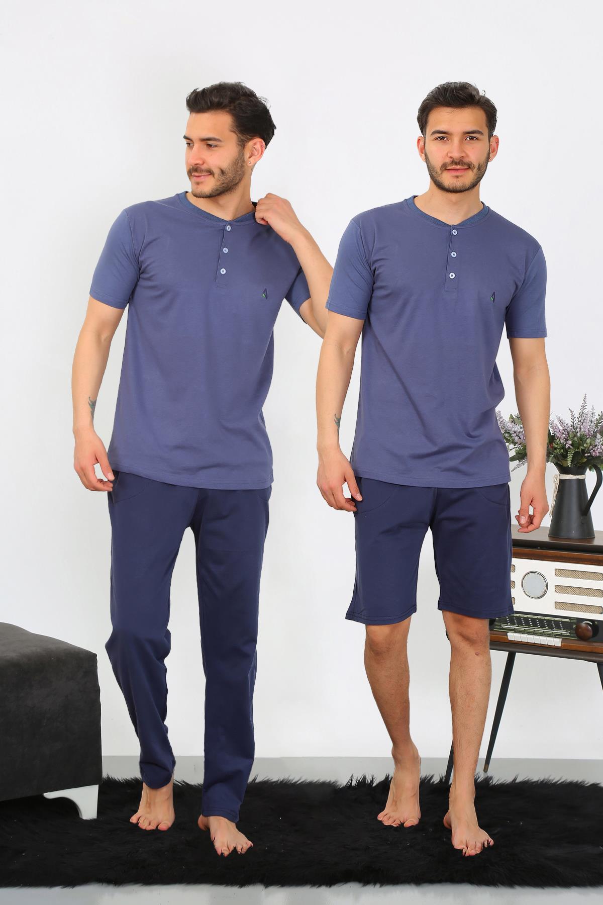 Moda Çizgi Erkek Penye 3'lü Pijama Takımı İndigo 6824