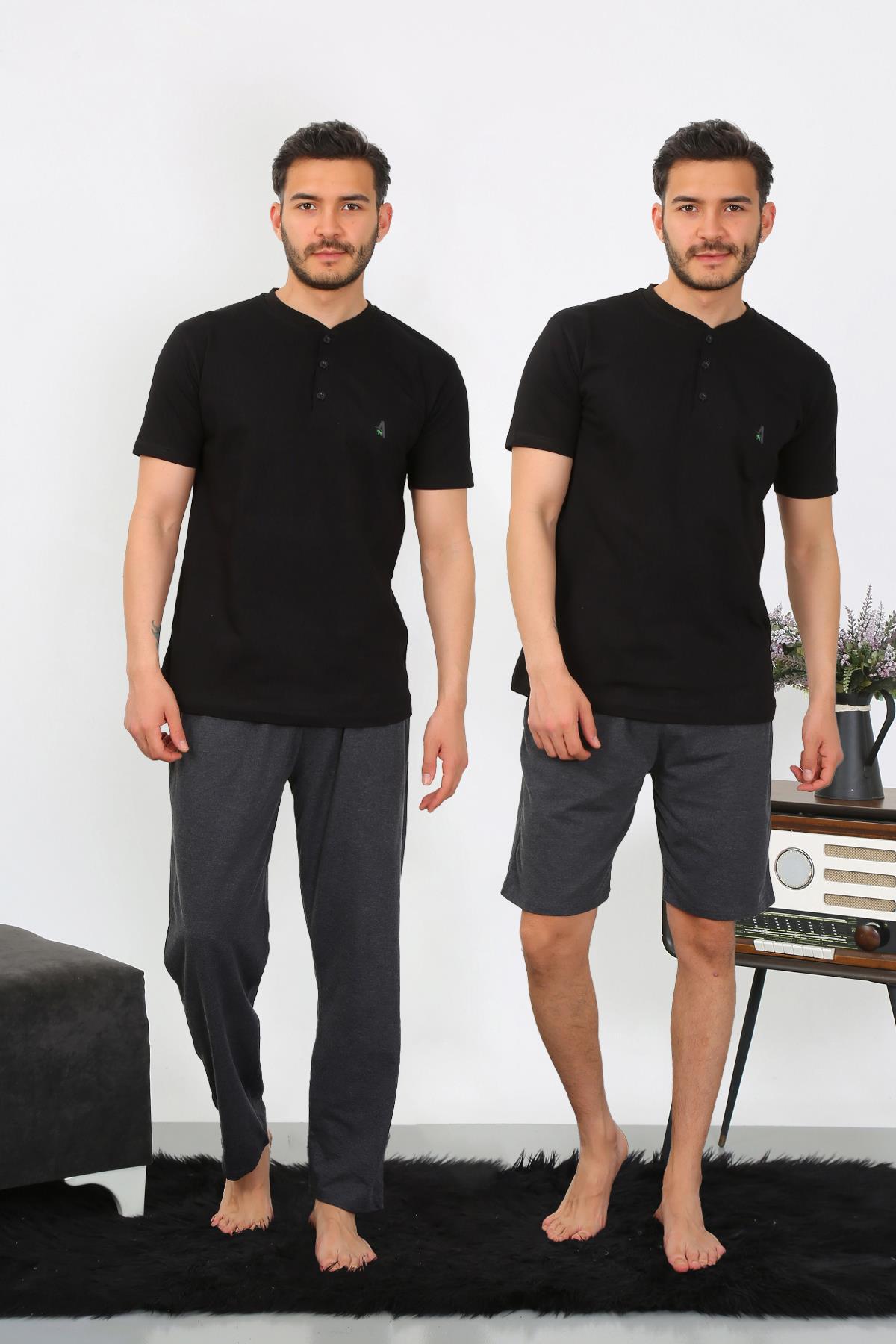 Moda Çizgi Erkek Penye 3'lü Siyah Pijama Takımı 6824