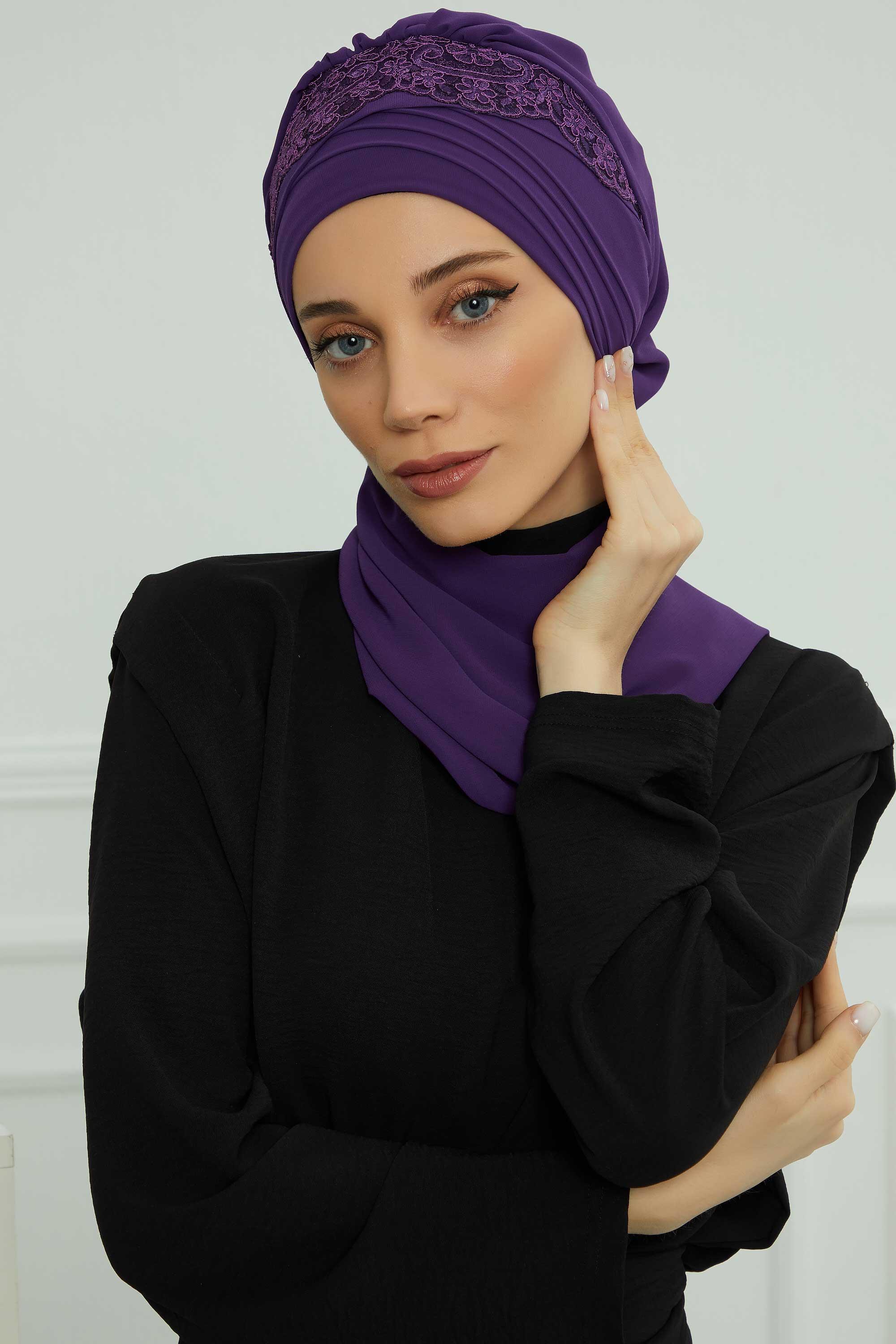 Dantel Aksesuarlı Fularlı Şifon Hazır Türban,HT-53,HT-53 Mor