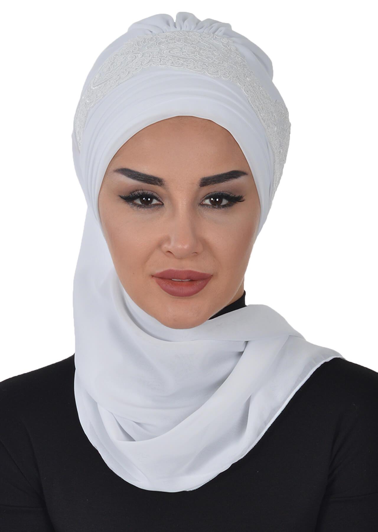 Dantel Aksesuarlı Fularlı Şifon Hazır Türban,HT-53,HT-53 Beyaz