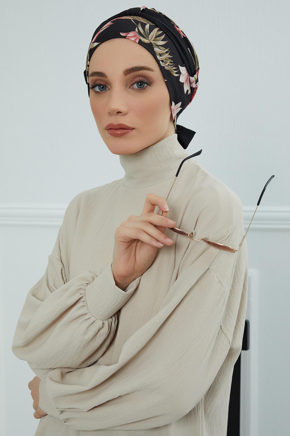 Şifon Kuşaklı Desenli Penye Bone,B-24YD Desen 34 - Siyah