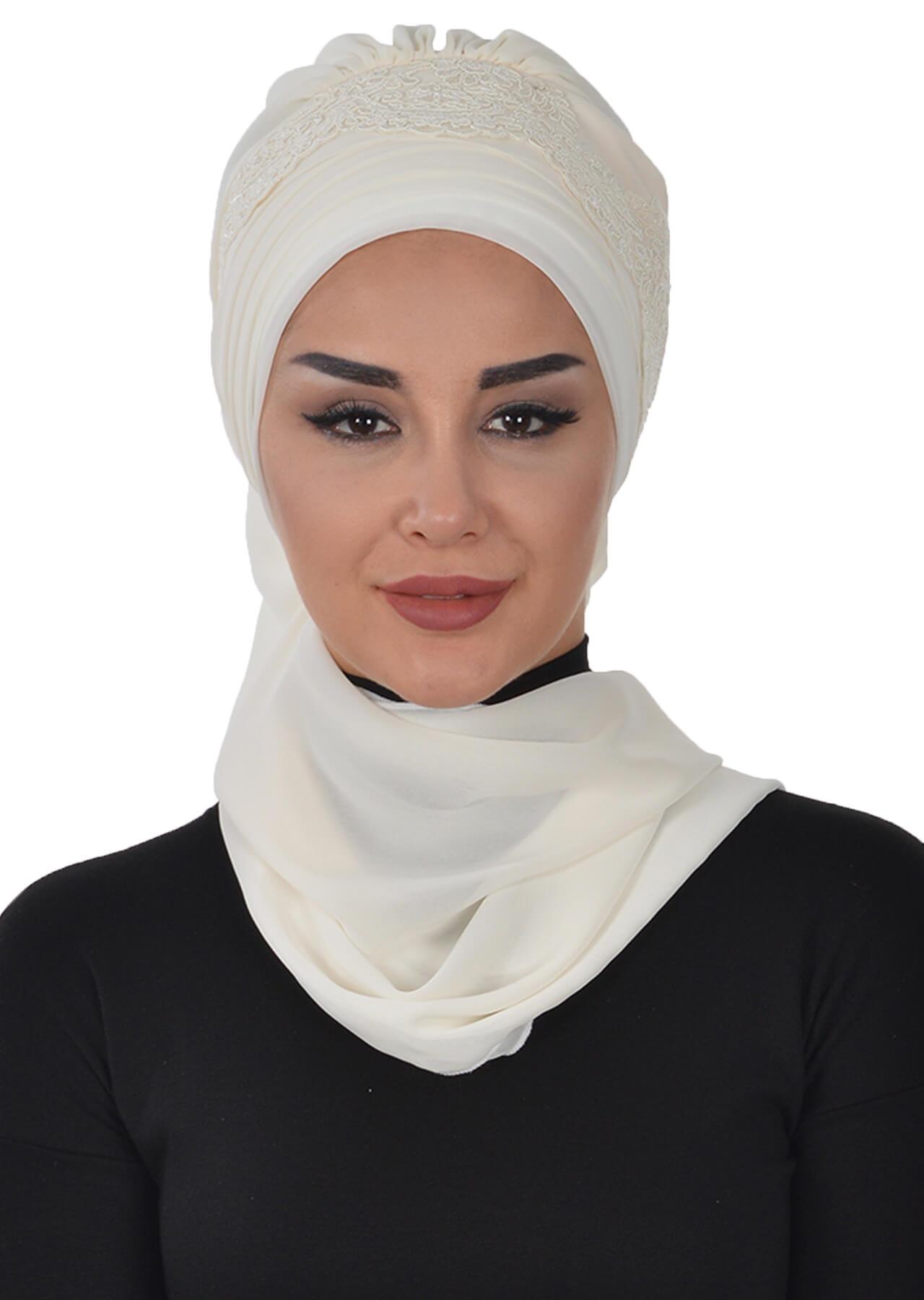 Dantel Aksesuarlı Fularlı Şifon Hazır Türban,HT-53,HT-53 Krem