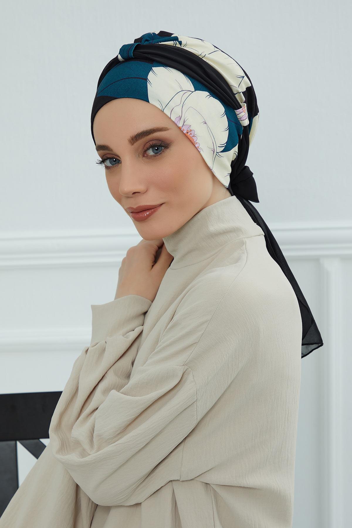 Şifon Kuşaklı Desenli Penye Bone,B-24YD Desen 32 - Siyah