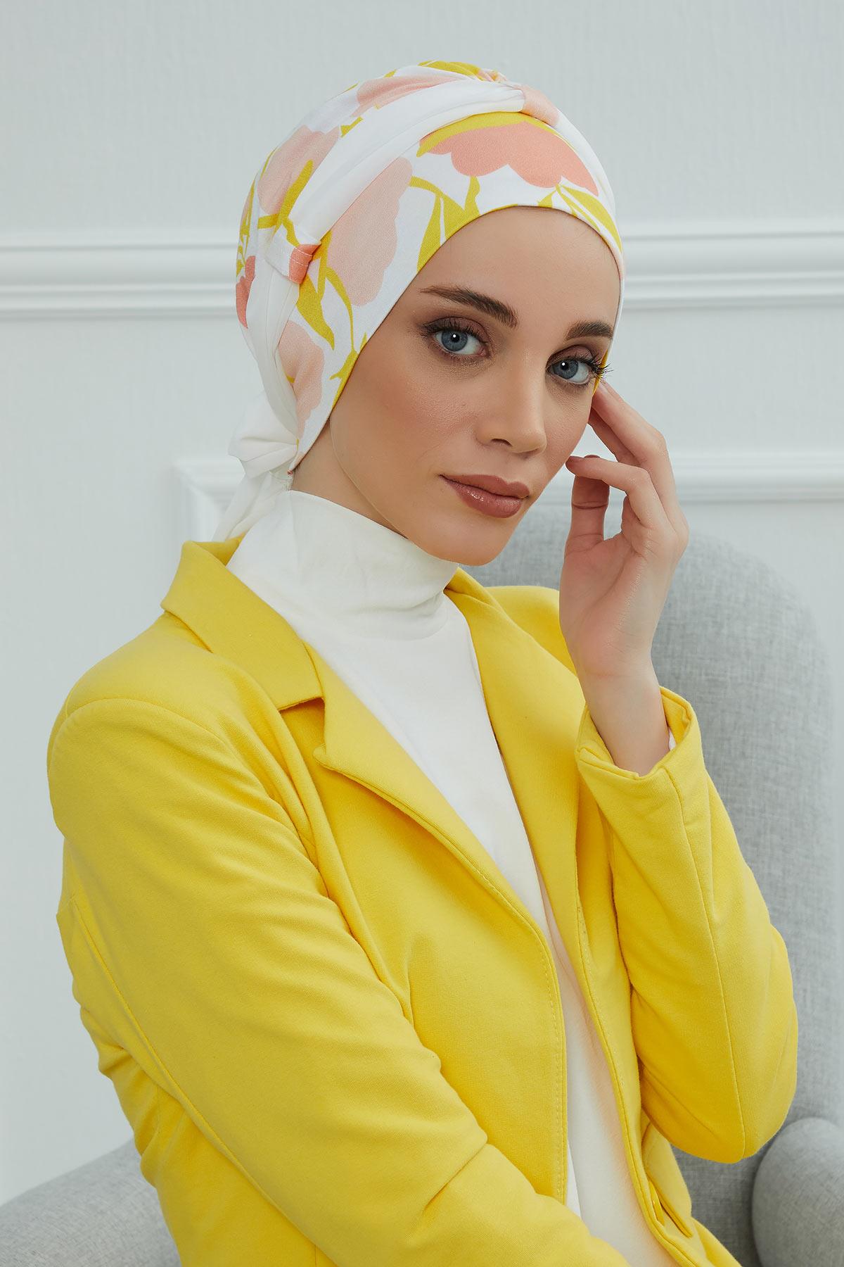 Şifon Kuşaklı Desenli Penye Bone,B-24YD Desen 31 - Beyaz
