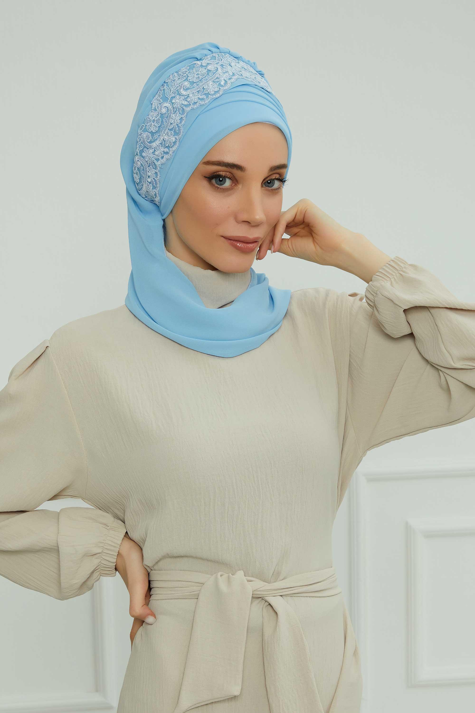 Dantel Aksesuarlı Fularlı Şifon Hazır Türban,HT-53,HT-53 Bebe Mavisi