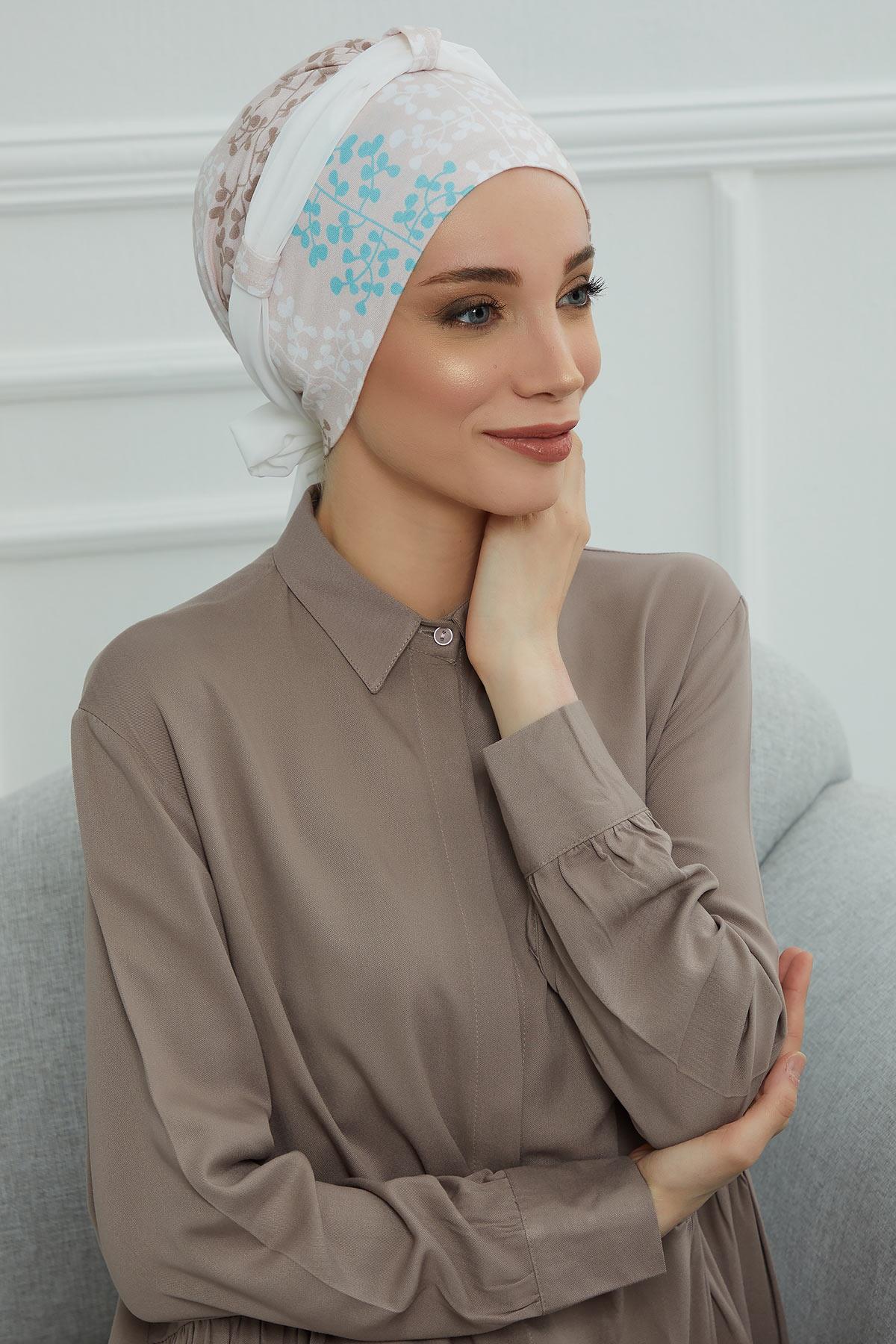 Şifon Kuşaklı Desenli Penye Bone,B-24YD Desen 30 - Beyaz