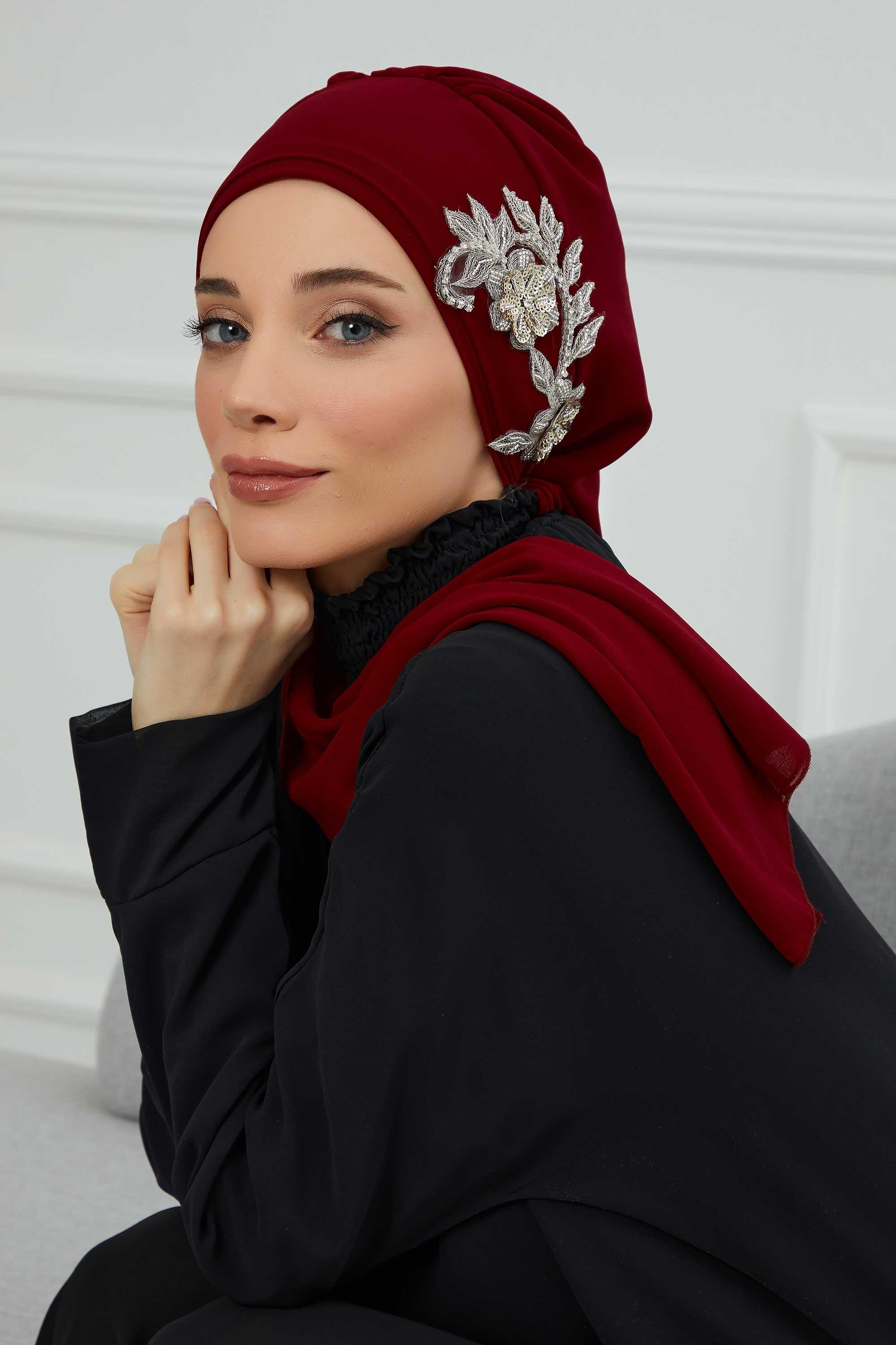 Yandan Taş Çiçek Aksesuarlı Şifon Hazır Türban,HT-104,HT-104 Bordo
