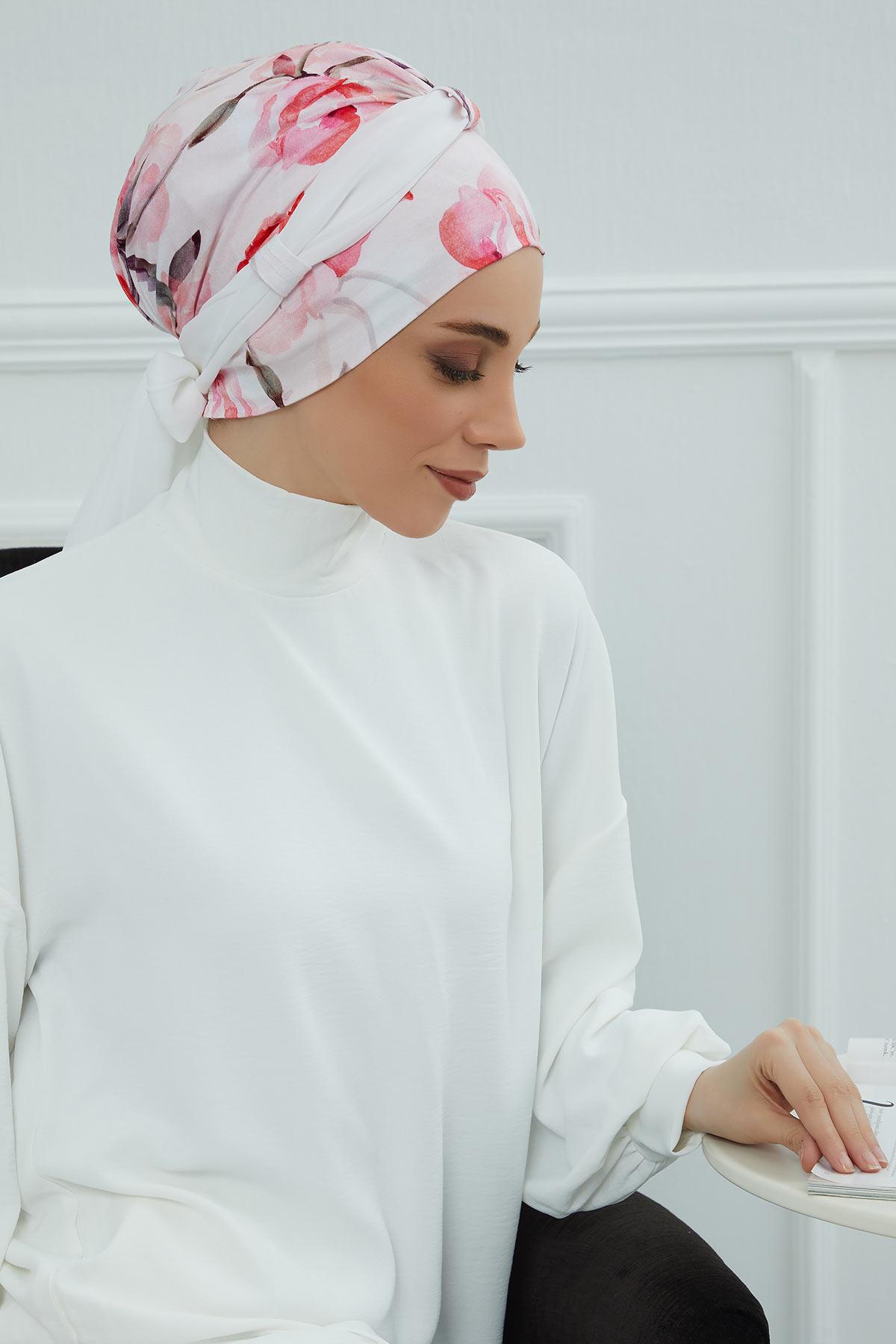 Şifon Kuşaklı Desenli Penye Bone,B-24YD Desen 26 - Beyaz