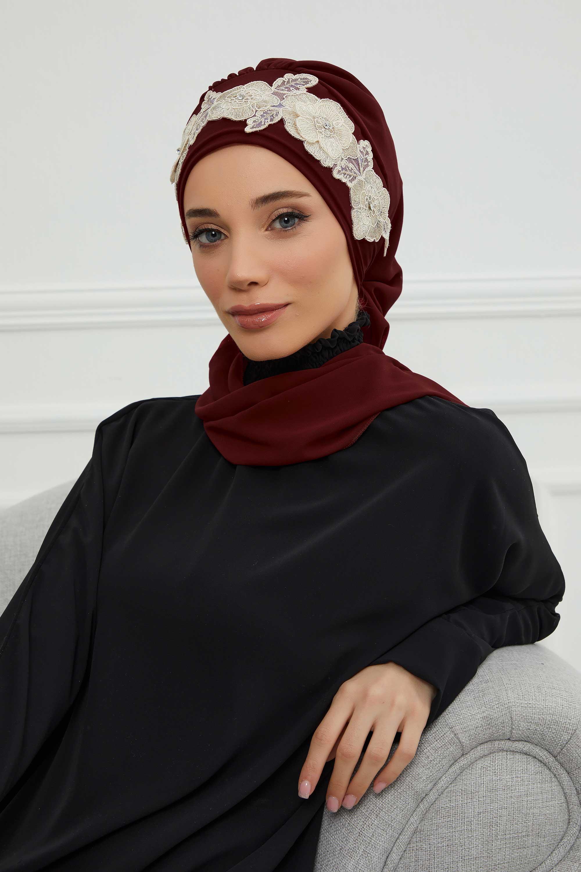 Çiçekli Taç Aksesuarlı Şifon Hazır Türban,HT-103,HT-103 Bordo-Gold